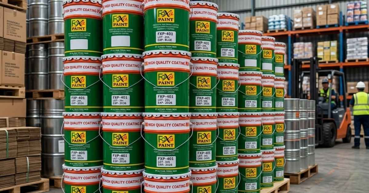 Agen cat Foxapaint Jogja dengan stok produk coating industri siap distribusi untuk proyek lantai, marka jalan, dan kebutuhan konstruksi