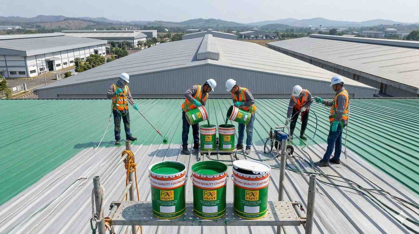 Pekerja konstruksi mengaplikasikan coating waterproofing Foxapaint pada atap metal gudang industri menggunakan peralatan semprot dan roller.