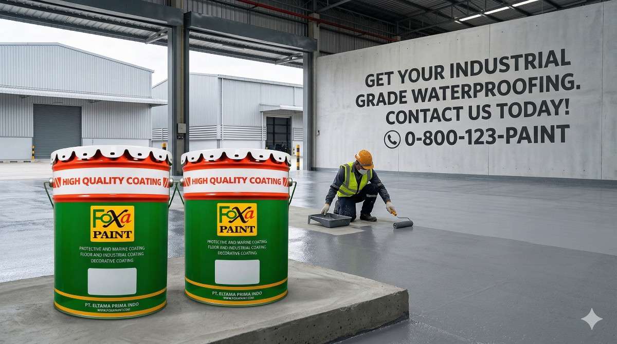 Dua ember cat industrial waterproofing Foxapaint di gudang pabrik dengan pekerja mengaplikasikan coating lantai beton untuk perlindungan anti bocor dan pelapis industri tahan lama.