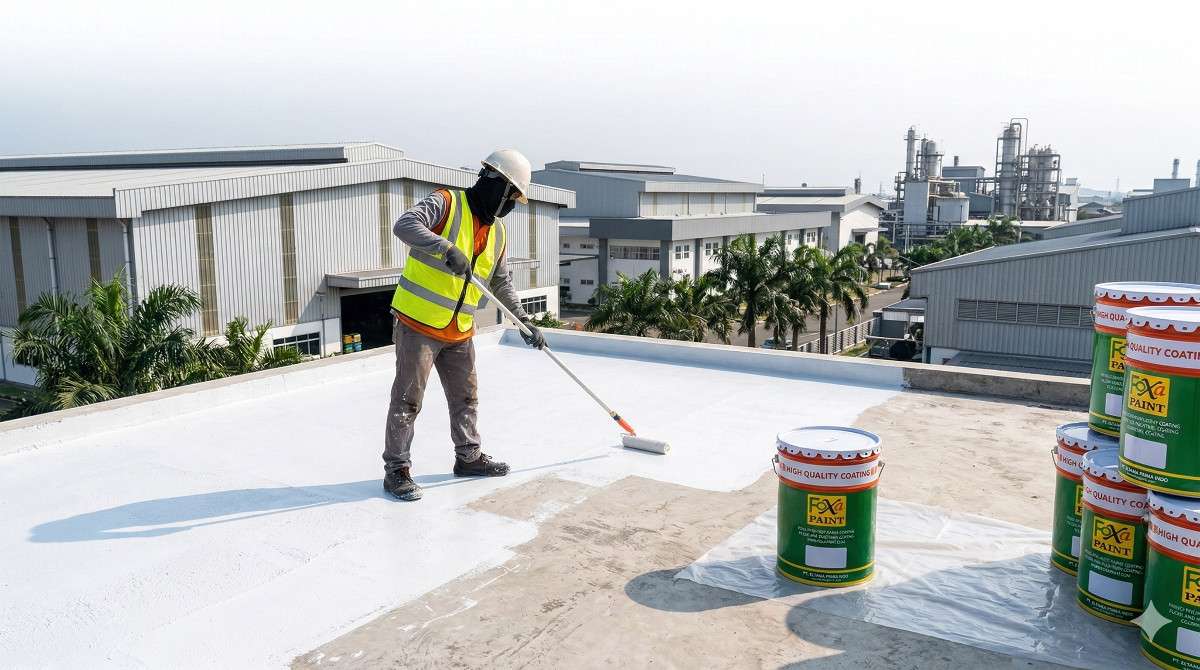 Pekerja mengaplikasikan cat waterproofing Foxapaint pada dak beton gedung di kawasan industri KI Kumai Multi Energi dengan hasil lapisan anti bocor yang merata dan rapi