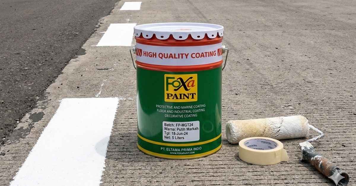 Cat marka jalan putih Foxapaint untuk pengecatan garis jalan pada permukaan beton menggunakan cat marka berkualitas tinggi yang tahan lama dan cocok untuk proyek marka jalan profesional