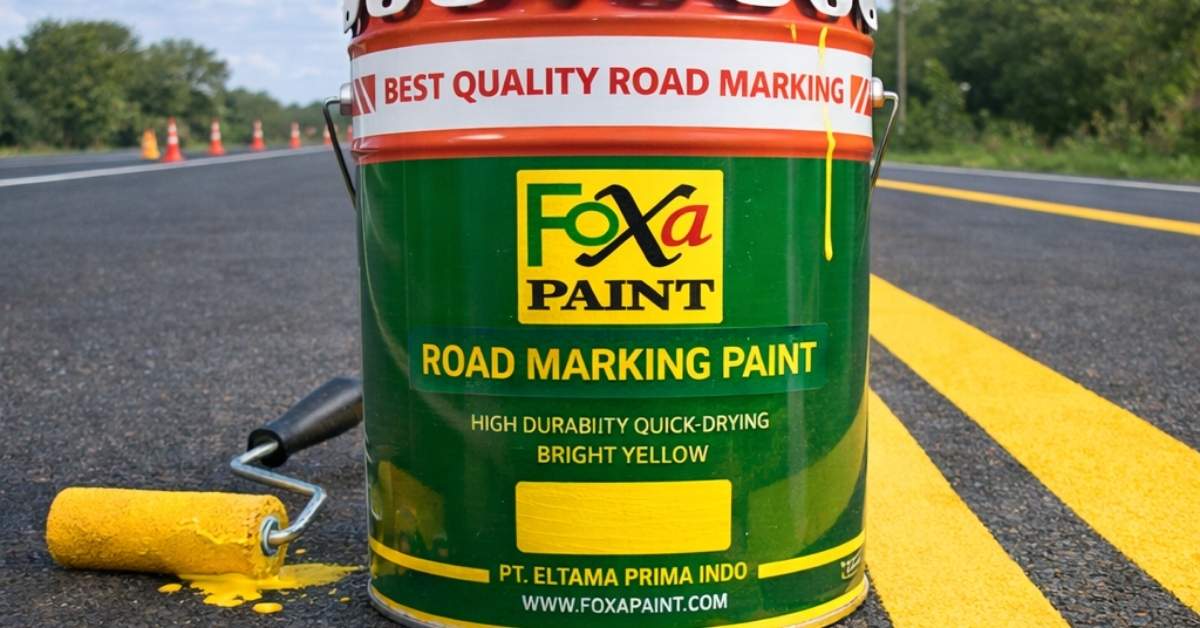 Jual cat cold plastic Foxapaint warna kuning untuk marka jalan dengan hasil garis terang, cepat kering, dan tahan lama cocok untuk proyek jalan di Bogor