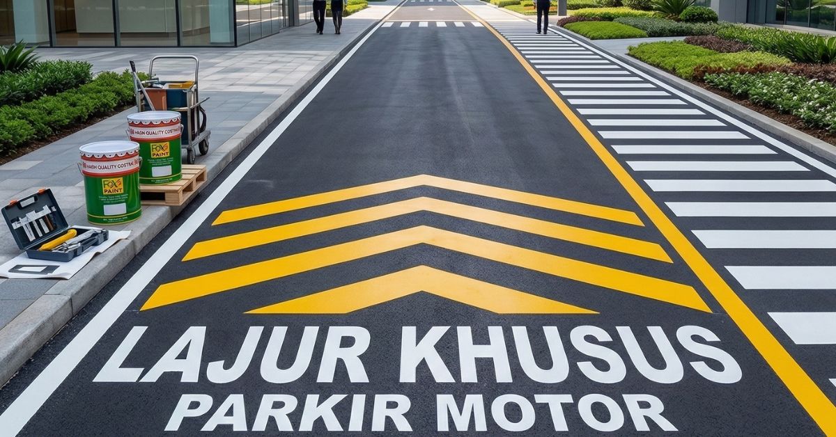 Cat marka jalan cold plastic Foxapaint untuk pembuatan lajur khusus parkir motor dengan garis tajam, tahan lama, dan cocok untuk proyek marka parkir gedung, mall, dan area komersial