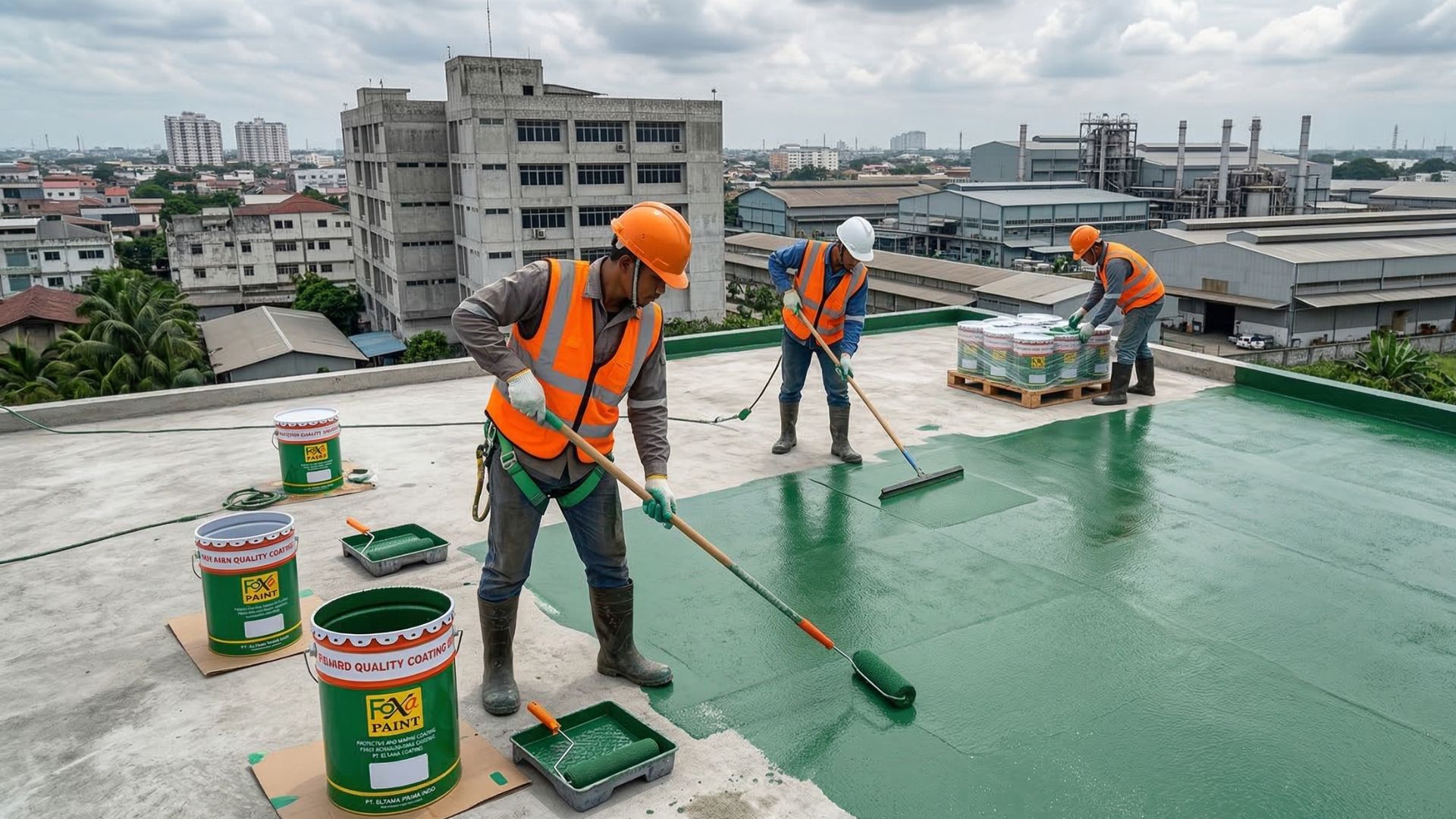 Proses pengecatan atap beton menggunakan cat Foxa Paint warna hijau untuk perlindungan tahan air.