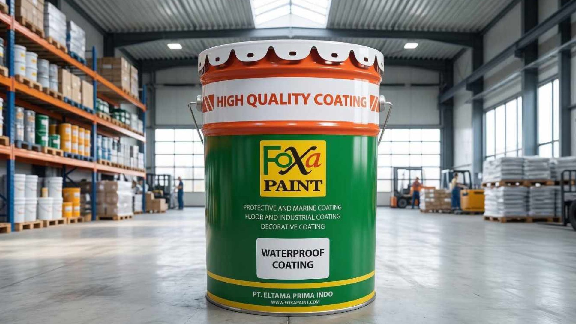 Ember cat Foxa Paint Waterproof Coating dari PT Eltama Prima Indo di dalam gudang industri.