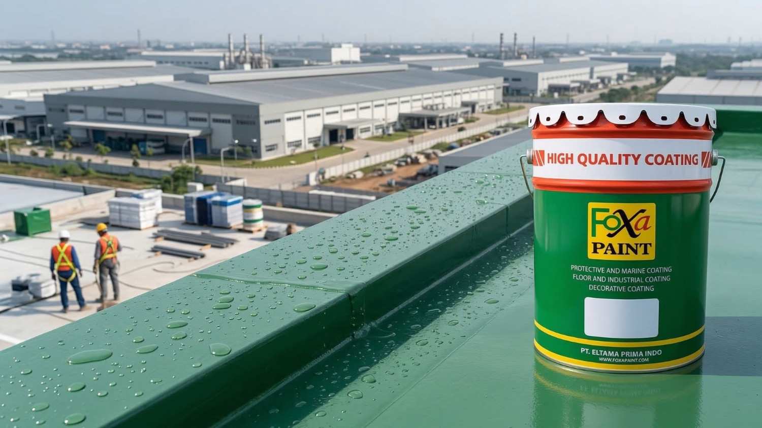 Ember cat Foxa Paint berkualitas tinggi di atas atap industri yang basah, dengan dua pekerja berrompi keselamatan dan kompleks pabrik yang luas terlihat di latar belakang.