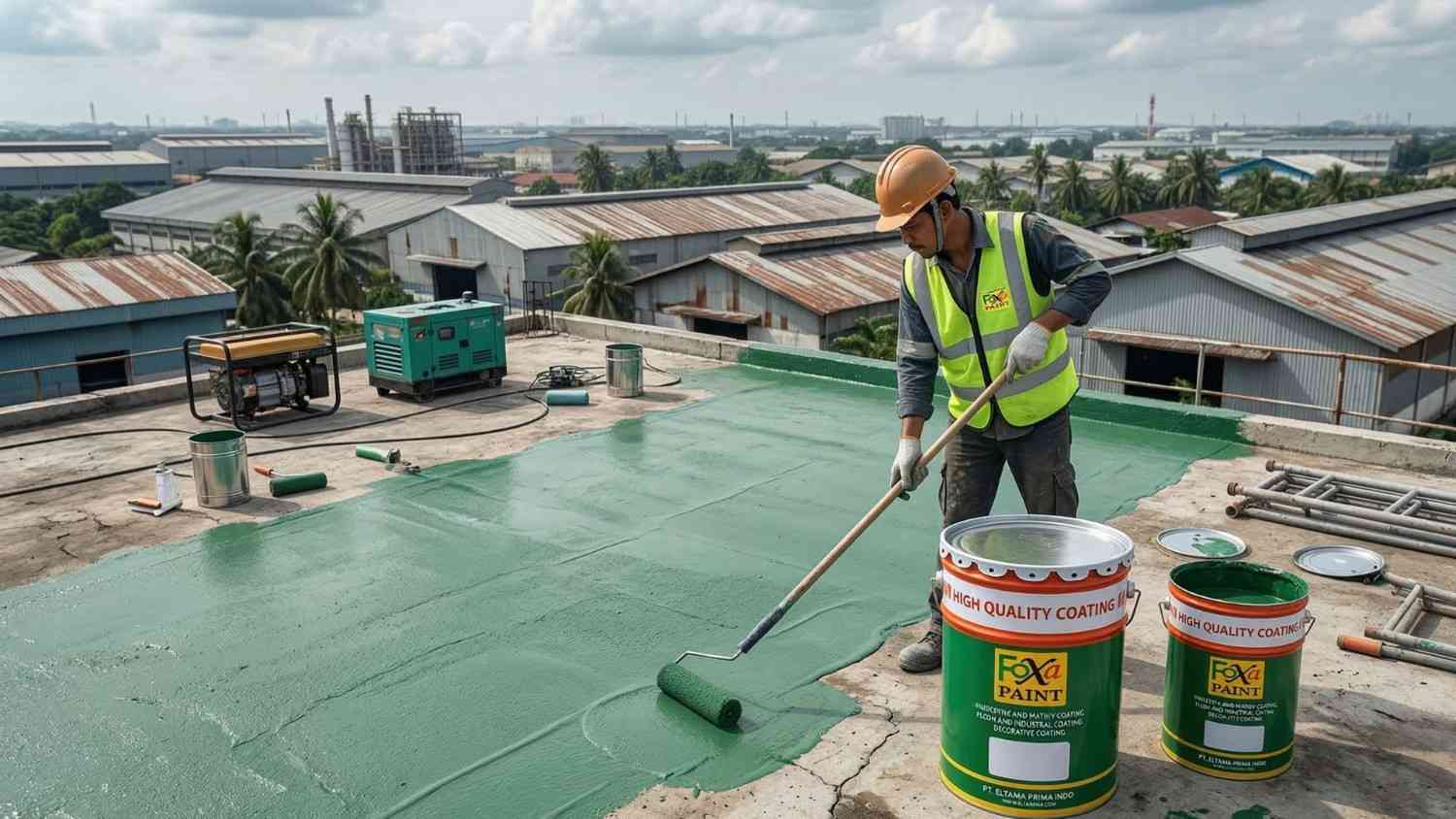 Seorang pekerja berrompi keselamatan kuning dan helm oranye sedang mengaplikasikan cat Foxa Paint warna hijau menggunakan roller di atas atap dak beton, dengan dua ember cat Foxa Paint "High Quality Coating" di sudut kanan depan, peralatan kerja dan generator di latar belakang, serta kawasan industri dan pohon kelapa terlihat di kejauhan.