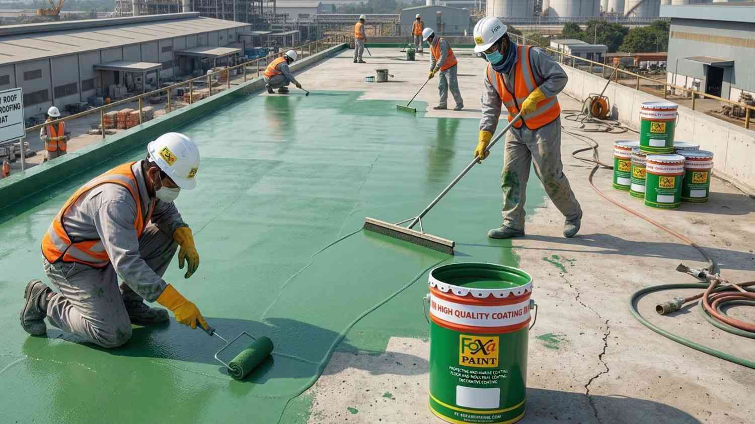 Sejumlah pekerja berpakaian keselamatan lengkap — rompi oranye, helm putih, masker, dan sarung tangan kuning — sedang mengaplikasikan cat waterproofing Foxa Paint warna hijau di atas atap dak beton industri menggunakan roller dan kuas besar, dengan beberapa ember cat Foxa Paint "High Quality Coating" tersusun di sisi kanan, selang, dan kompleks pabrik terlihat di latar belakang.