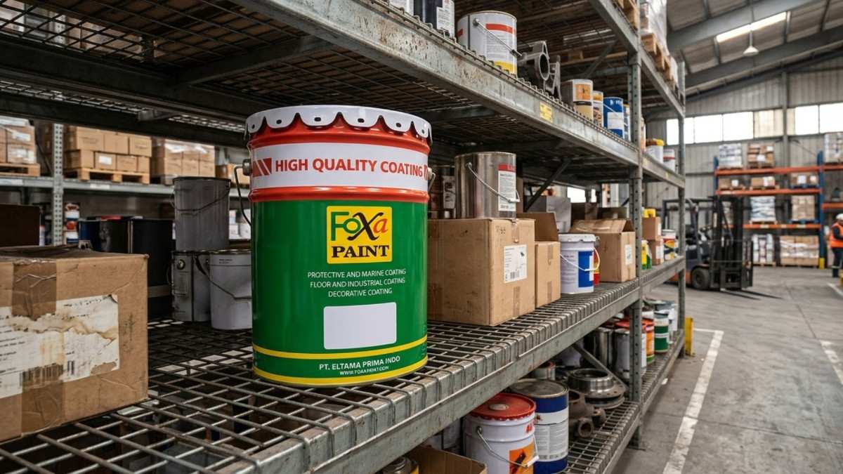“Ember cat waterproofing Foxa Paint di gudang penyimpanan proyek industri dengan rak besi dan stok bahan bangunan”