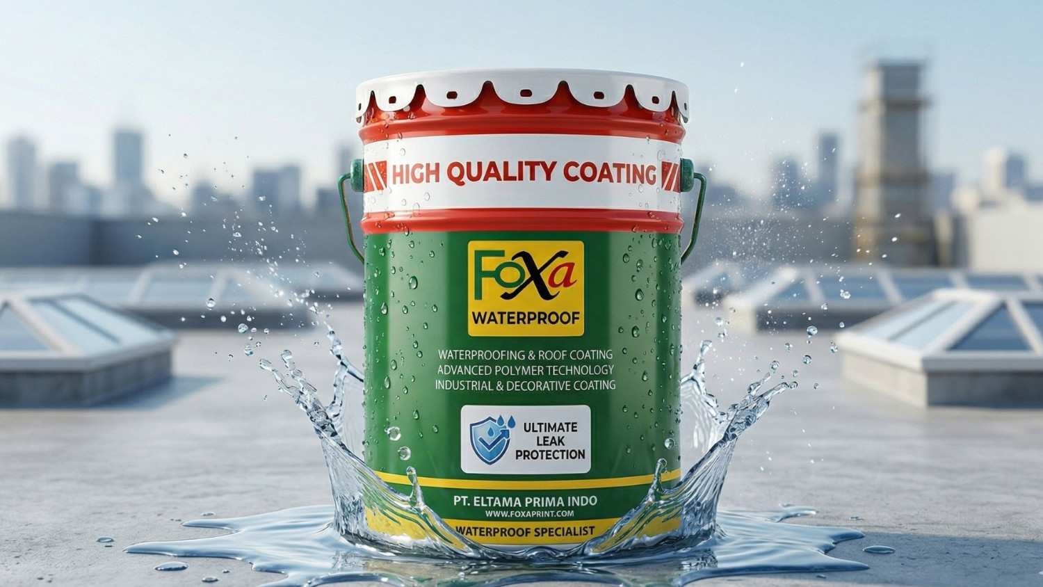 Ember cat waterproofing Foxa Paint tahan bocor di atap gedung dengan efek percikan air dan perlindungan maksimal