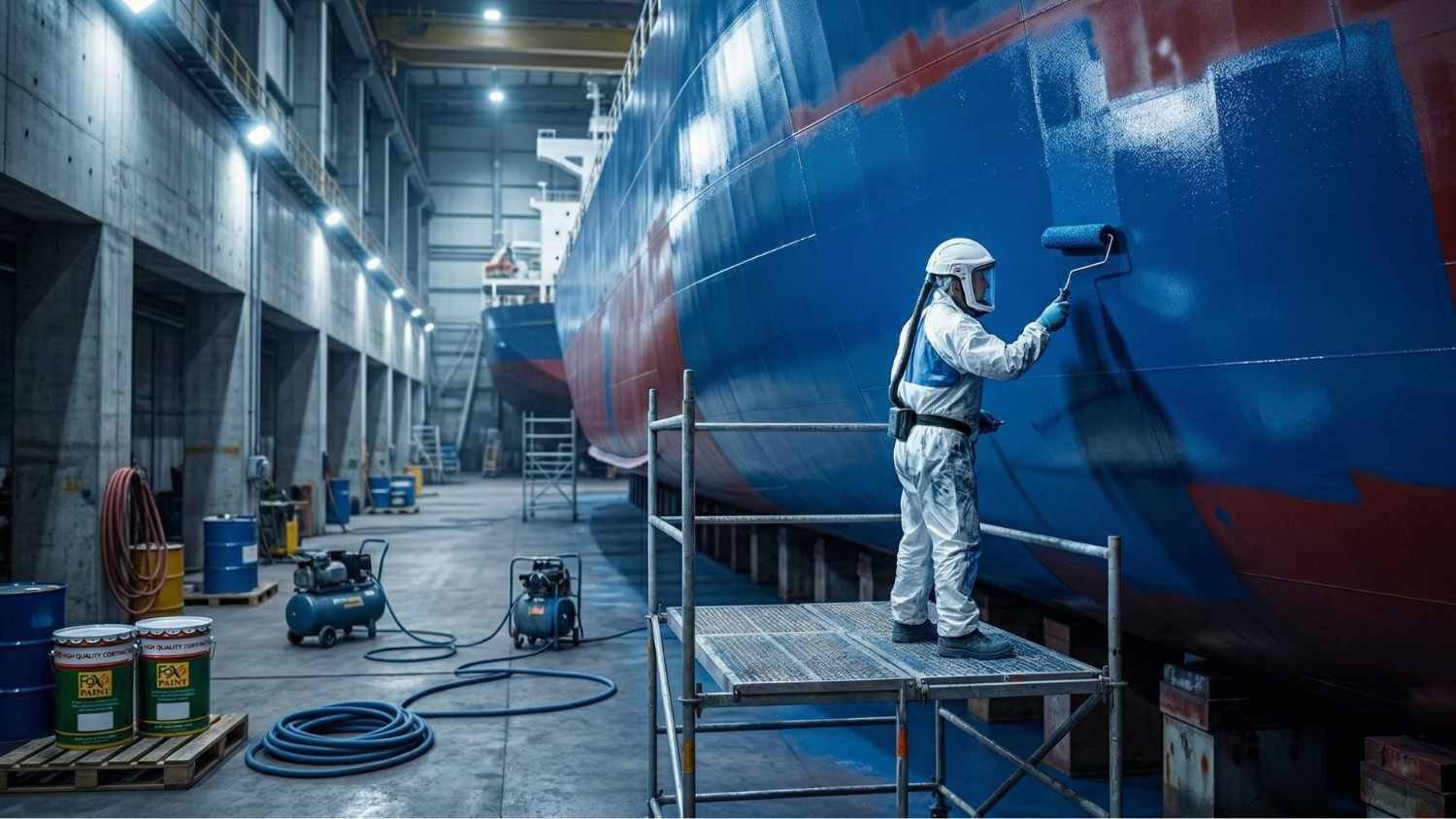 “Pekerja industri mengecat kapal dengan cat coating Foxa Paint menggunakan alat pelapis di galangan kapal”