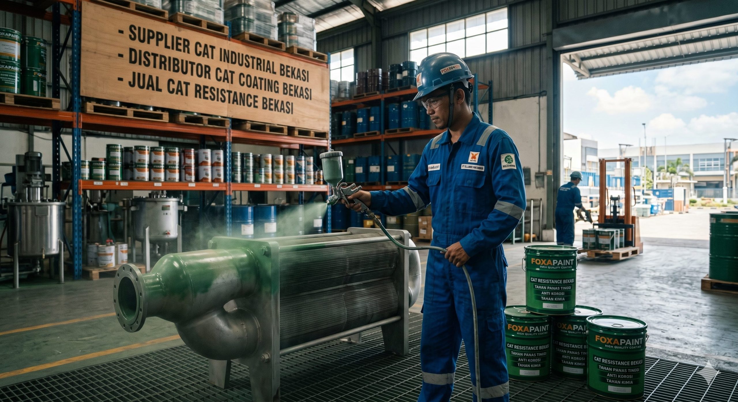 Proses aplikasi cat industri anti karat Foxapaint di sebuah bengkel di Bekasi. Seorang aplikator profesional menyemprotkan cat tahan kimia pada komponen mesin. Stok produk Foxapaint High Quality Coating terlihat di latar belakang gudang distributor cat industri