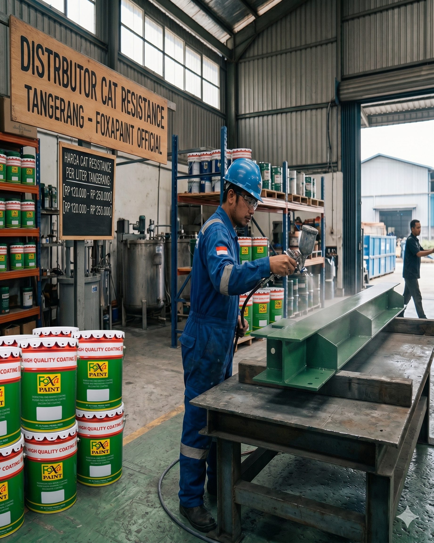 Aplikator profesional sedang menyemprotkan cat anti korosi Foxapaint pada balok baja industri di workshop distributor cat resistance Tangerang. Di latar belakang terlihat deretan ember cat Foxapaint High Quality Coating yang tertata rap