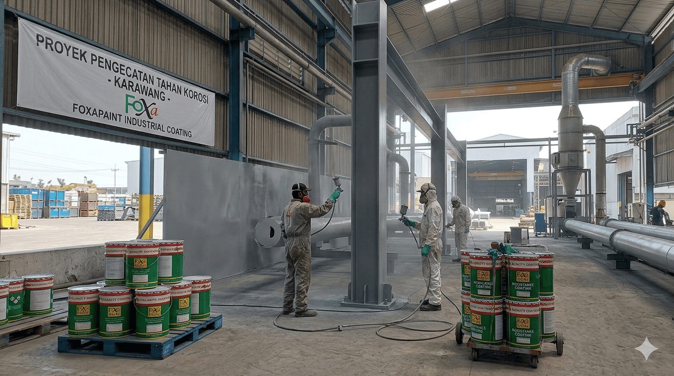 Pekerja di sebuah pabrik di Karawang menggunakan APD lengkap untuk menyemprotkan cat anti-karat bermerek FOXAPAINT pada struktur baja dan pipa