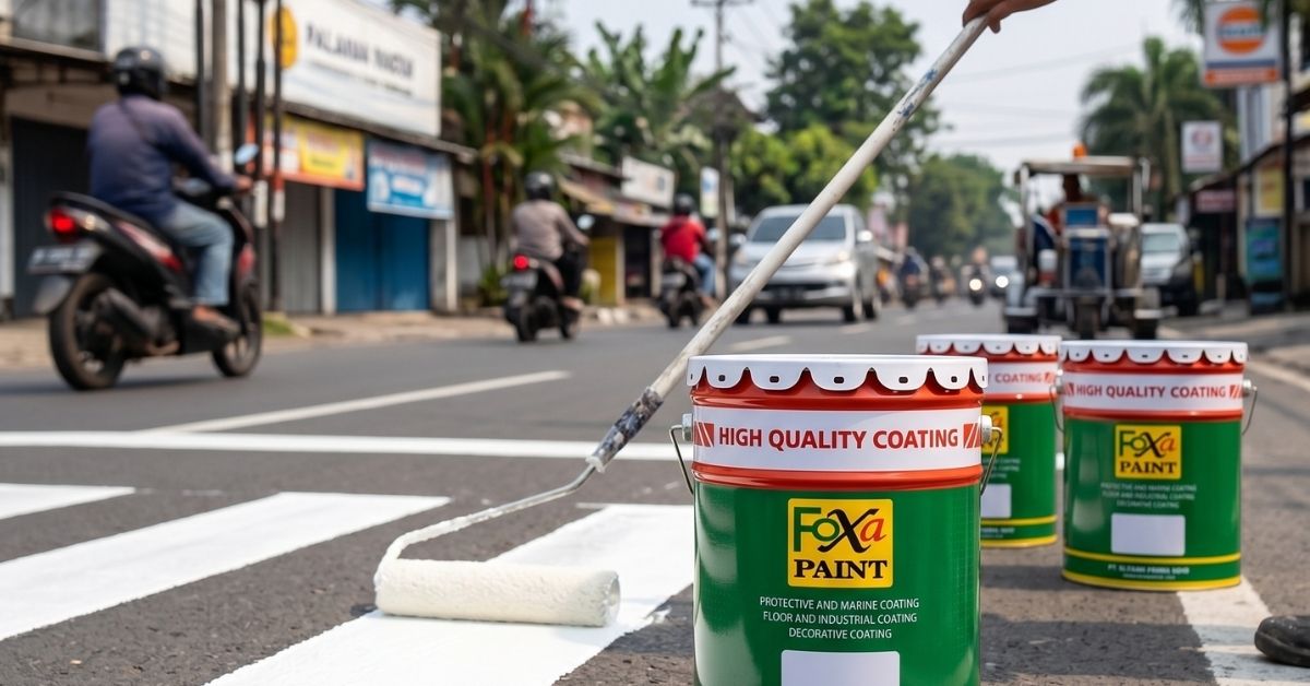 Jual cat cold plastic Depok Foxapaint untuk marka jalan zebra cross. Material coating berkualitas, tahan lama, dan visibilitas tinggi di jalan raya.