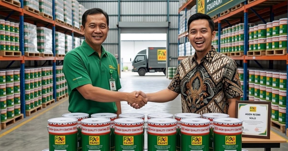 Buka agen resmi cat Solo Foxapaint. Dua pria berjabat tangan di gudang industrial dengan tumpukan produk cat coating. Peluang bisnis distributor cat Solo.