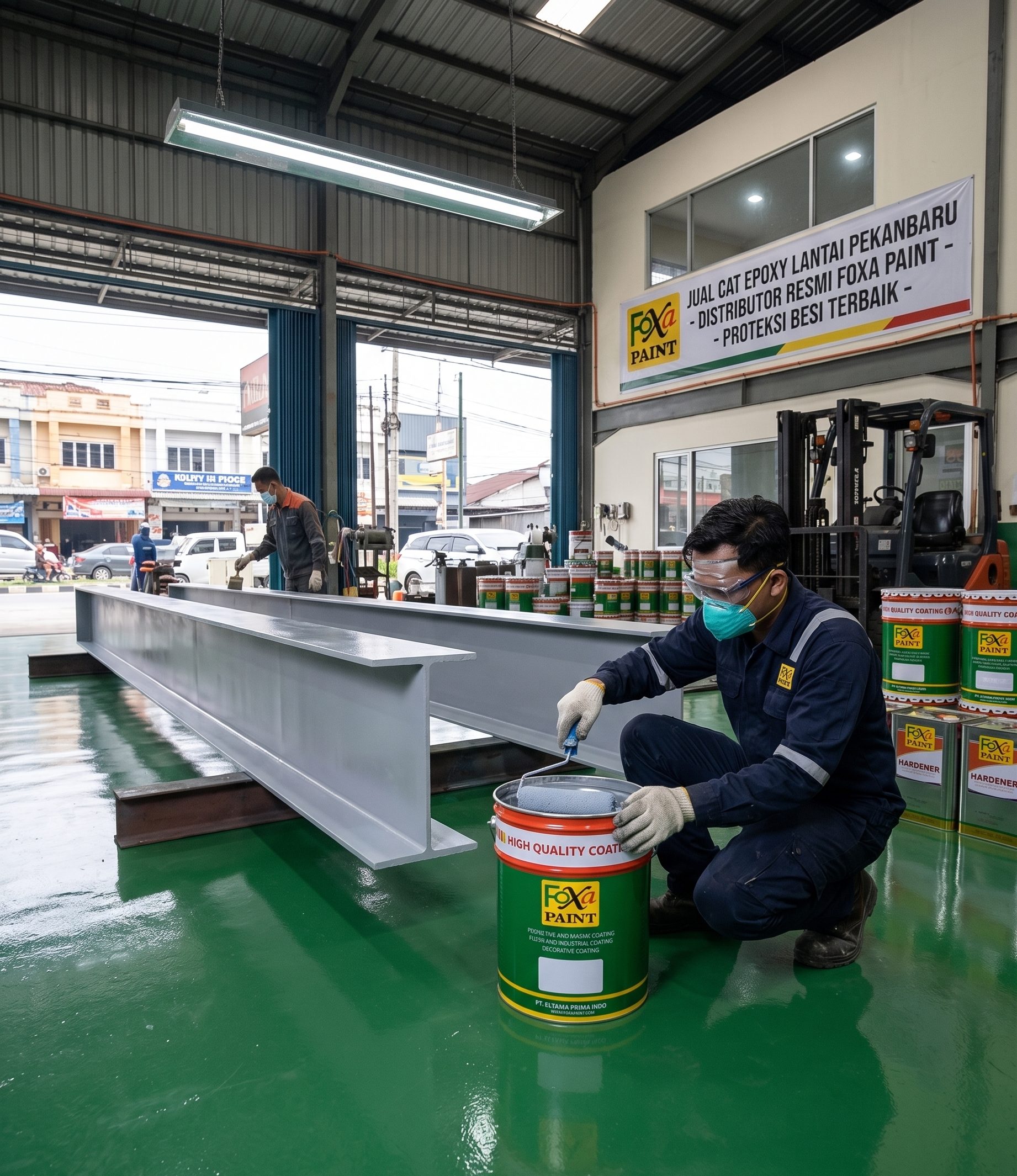 Suasana workshop industri di Pekanbaru, menampilkan pekerja menggunakan kuas rol mengambil cat dari ember Foxa Paint, dengan latar belakang spanduk distributor resmi dan dua balok besi baja besar.