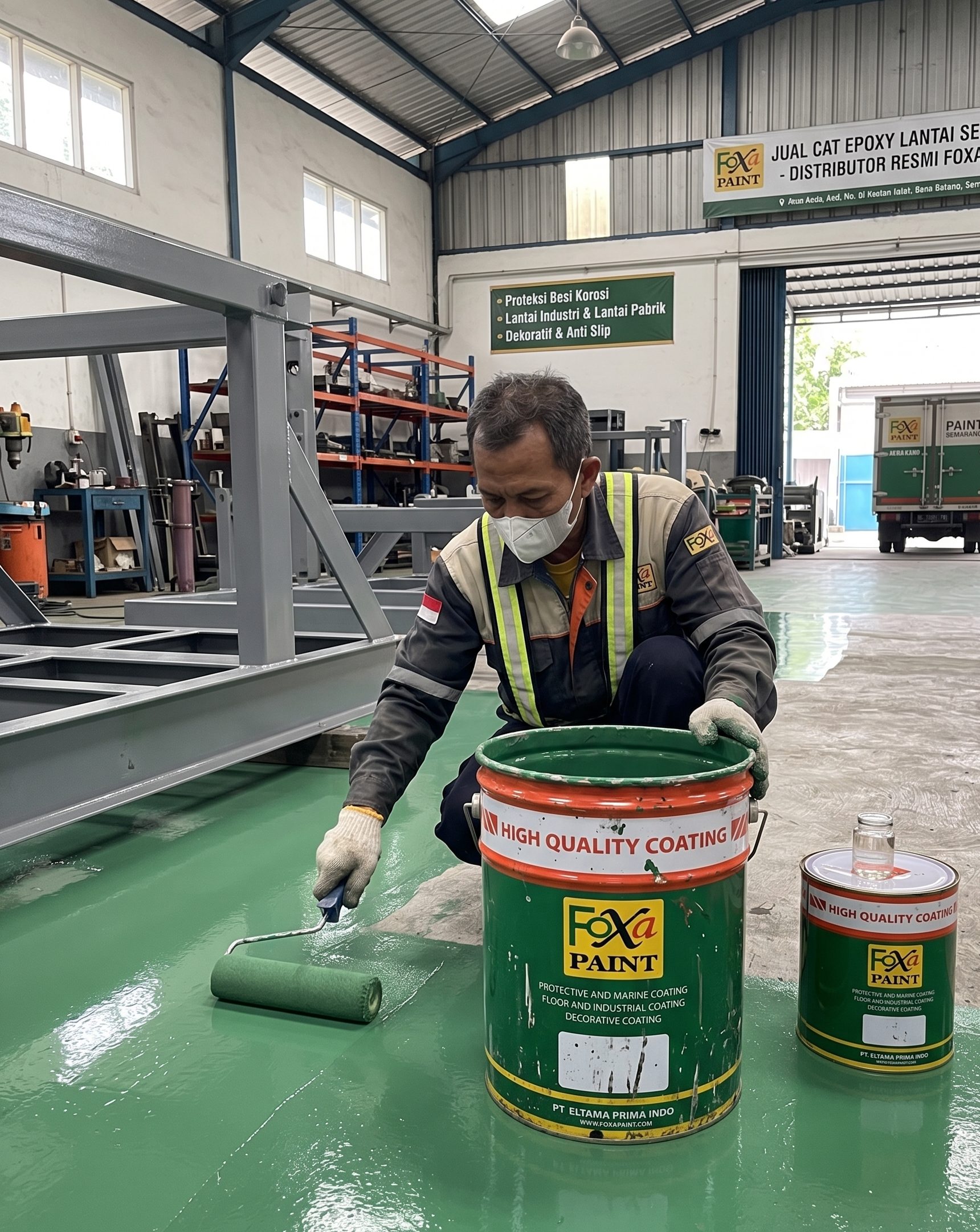 Seorang pekerja sedang mengaplikasikan cat epoxy lantai warna hijau menggunakan kuas rol di sebuah bengkel industri dengan ember Foxa Paint di depannya.