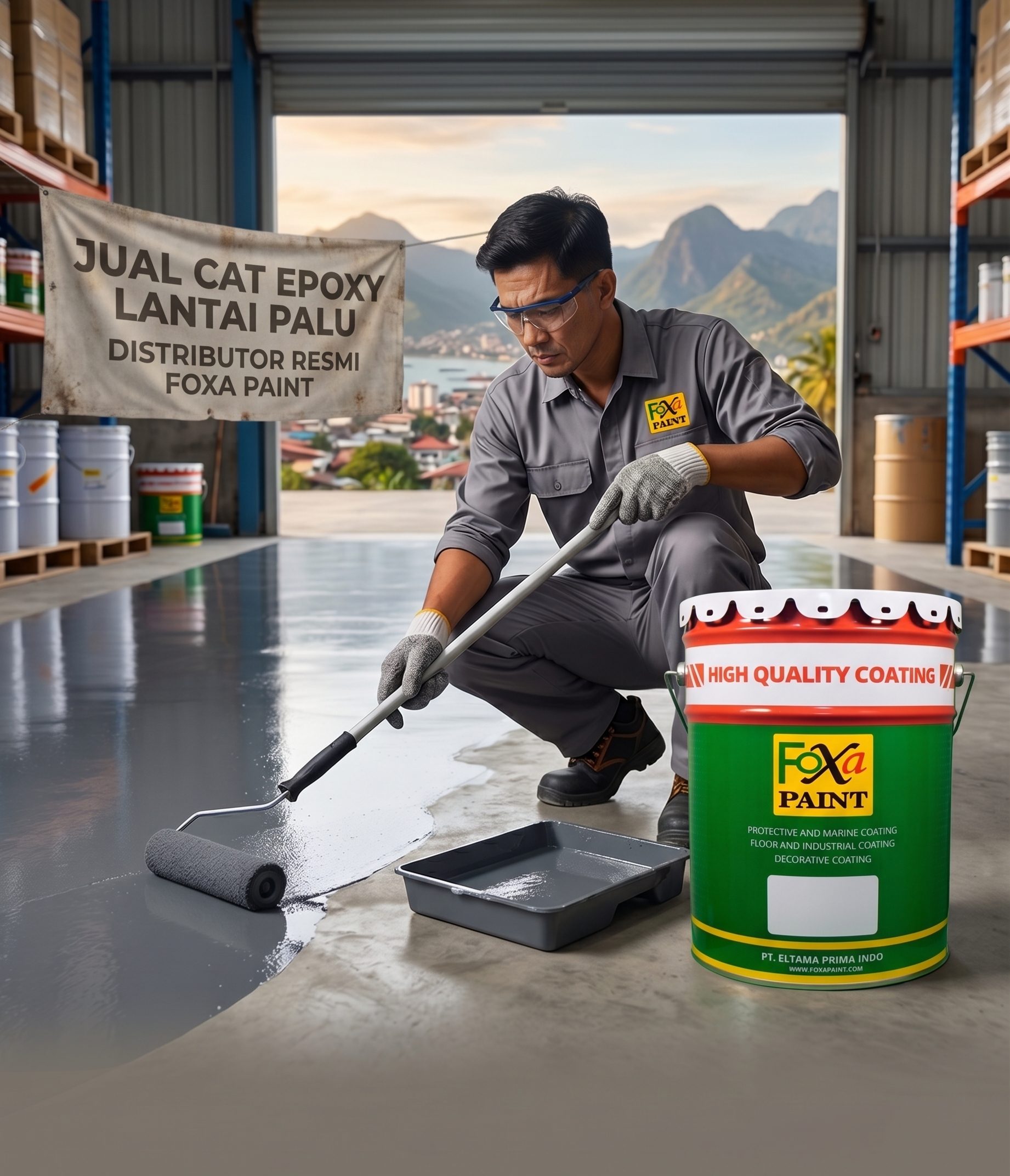 Seorang pekerja profesional sedang mengaplikasikan cat epoksi lantai abu-abu di sebuah gudang menggunakan roller bergagang panjang, dengan ember besar cat 'FOXA PAINT HIGH QUALITY COATING' di dekatnya. Spanduk di latar belakang bertuliskan 'JUAL CAT EPOXY LANTAI PALU' dan 'DISTRIBUTOR RESMI FOXA PAINT'