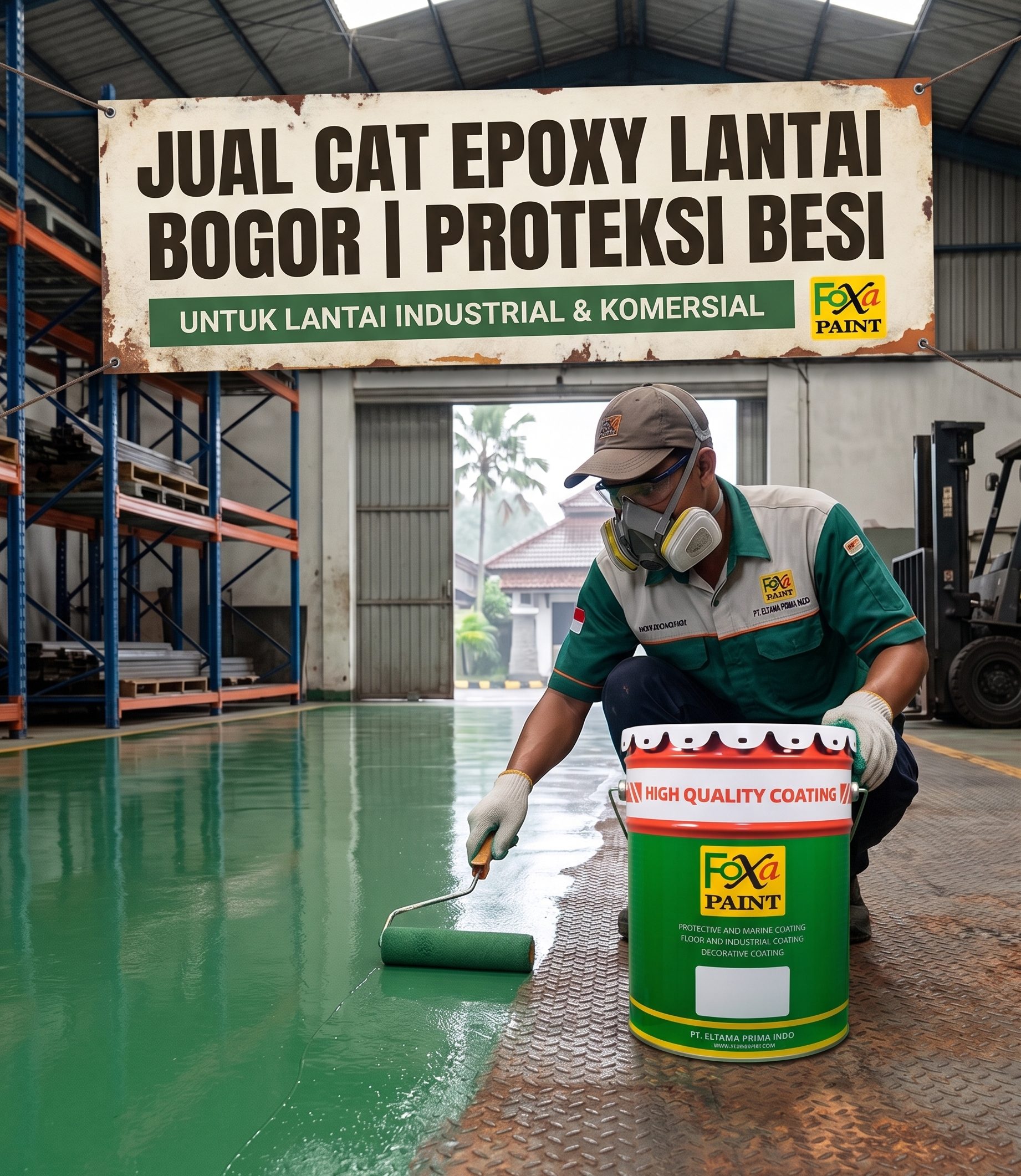 Seorang pekerja sedang mengaplikasikan cat epoxy lantai hijau di sebuah gudang, menggunakan ember cat Foxa Paint. Di atasnya terdapat spanduk bertuliskan Jual Cat Epoxy Lantai Bogor | Proteksi Besi