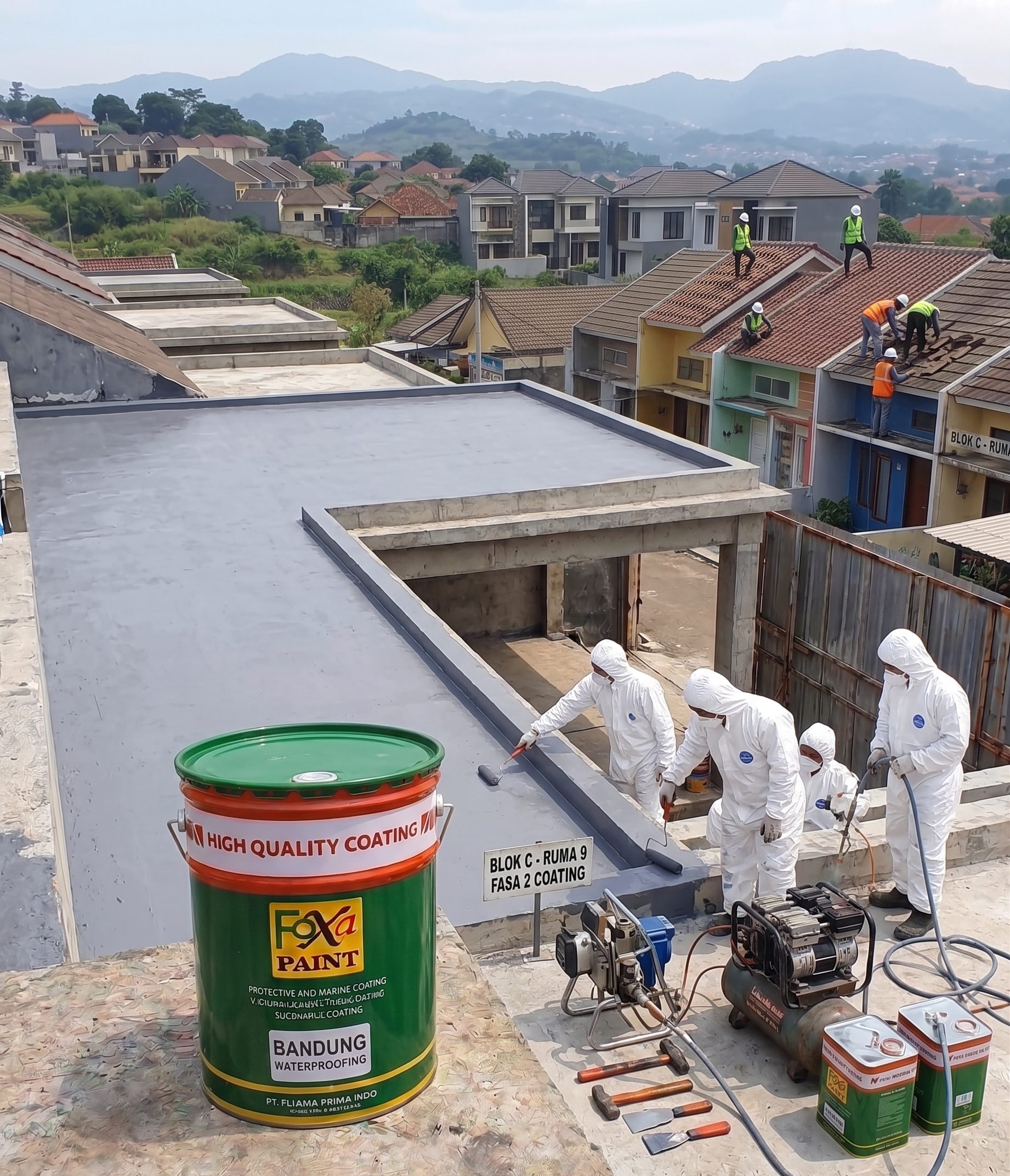 Pemandangan dari sudut pandang tinggi (high angle) yang menampilkan sebuah ember cat besar merek "Foxa Paint" bertuliskan "Bandung Waterproofing" di atas dak beton rumah yang sudah dilapisi pelapis abu-abu. Di sekitarnya, terdapat berbagai peralatan kerja seperti mesin kompresor, kaleng-kaleng cat kaleng kecil, kuas, dan scrap yang tertata, dengan latar belakang kompleks perumahan berbukit di area Bandung.