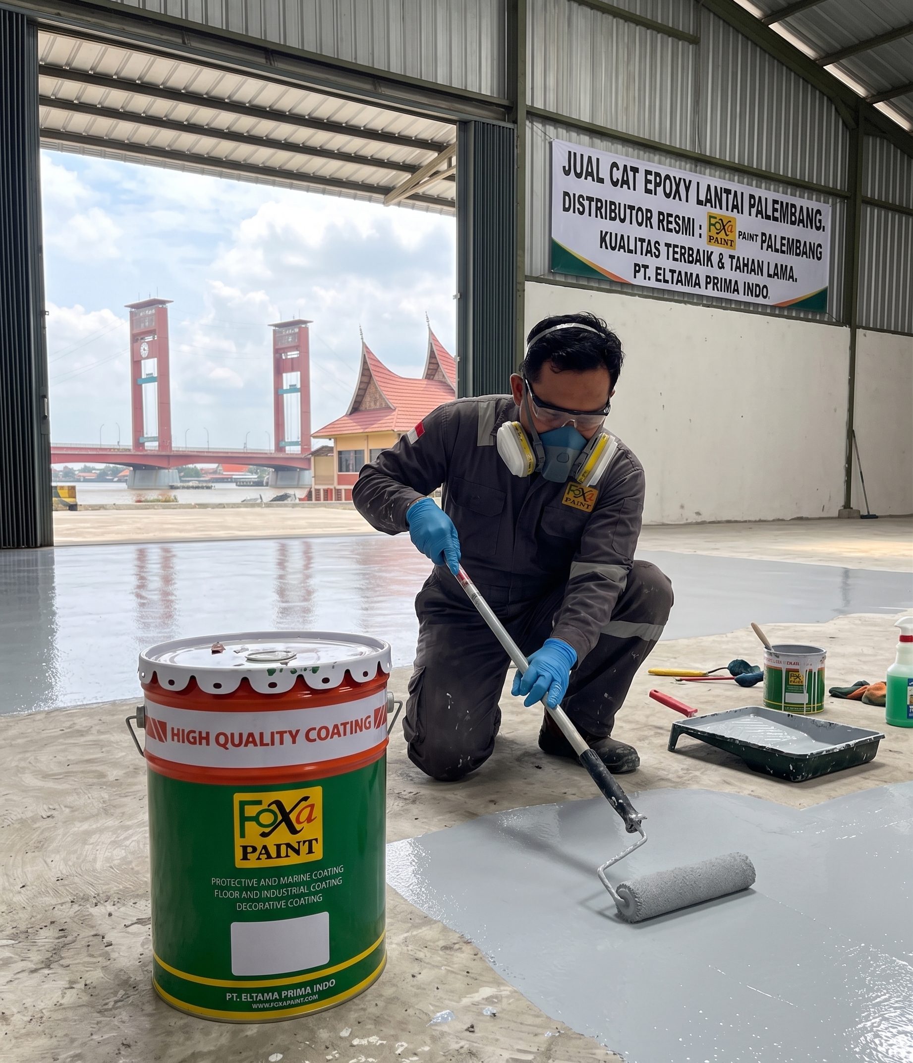 Seorang pekerja berjongkok mengecat lantai gudang dengan rol cat epoksi abu-abu, di samping kaleng cat Foxa Paint. Jembatan Ampera terlihat di latar belakang.