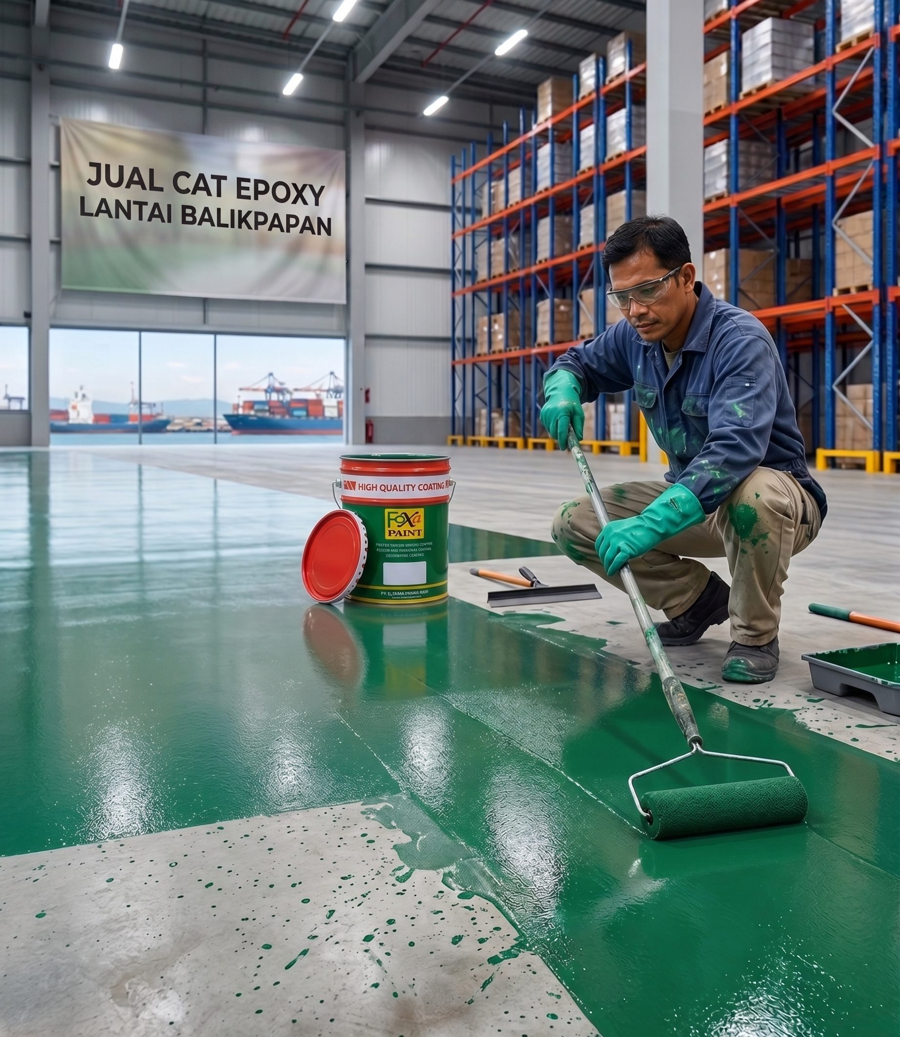 Seorang pekerja berjongkok mengoleskan cat epoksi lantai hijau mengkilap menggunakan rol di gudang besar dengan rak penyimpanan tinggi. Di latar belakang terdapat spanduk bertuliskan 'JUAL CAT EPOXY LANTAI BALIKPAPAN' dan pemandangan pelabuhan dengan kapal kontainer. Kaleng cat 'FOXA PAINT' dan nampan rol ada di dekatnya.