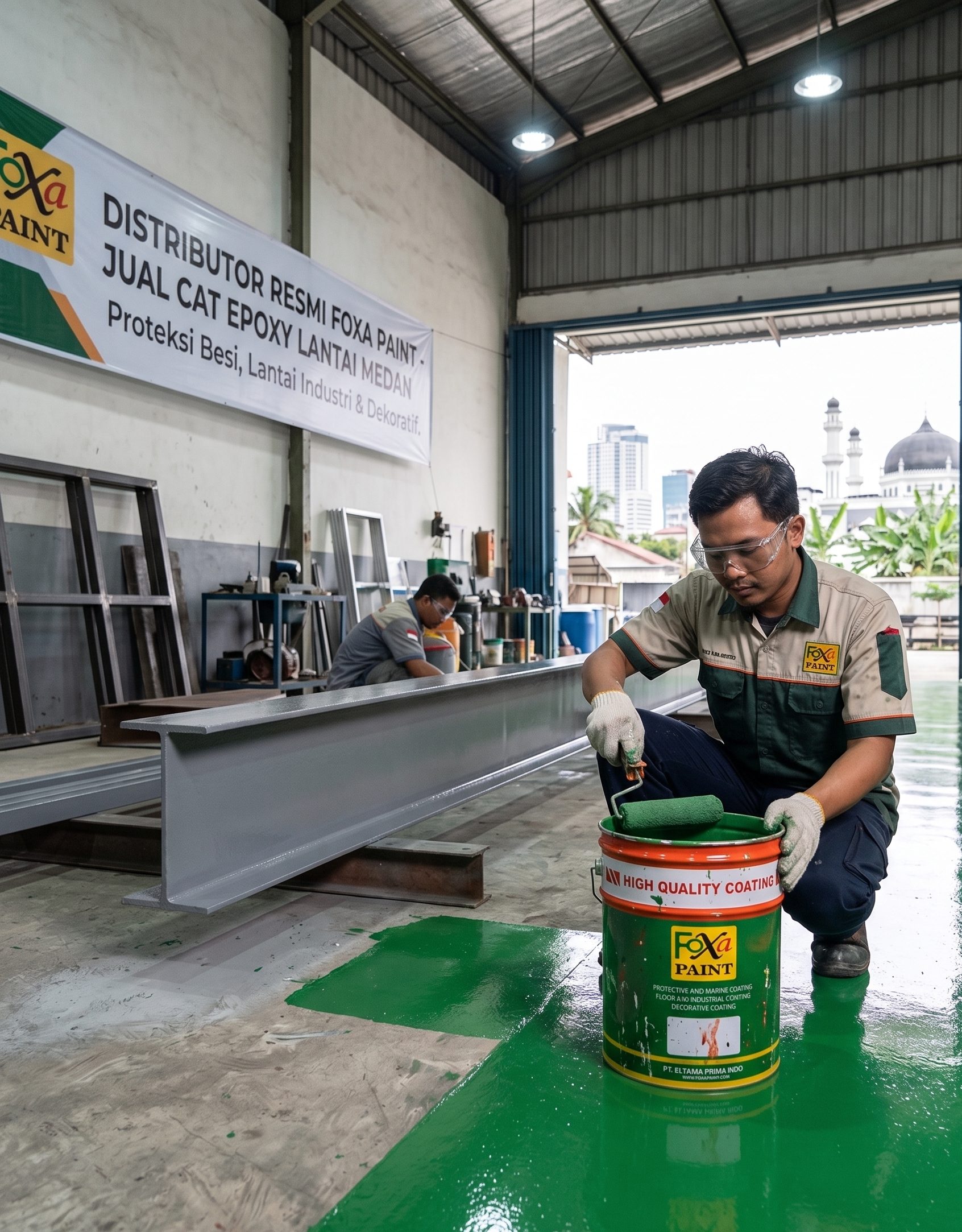 Aktivitas pengaplikasian cat epoxy lantai hijau Foxa Paint di Medan, menampilkan pekerja di area workshop dengan spanduk layanan proteksi besi dan lantai industri.