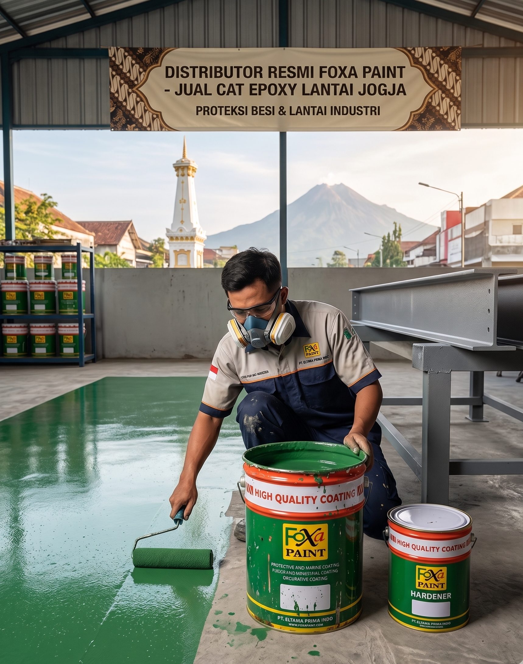Pekerja menggunakan kuas rol sedang mengaplikasikan cat epoxy lantai hijau dari ember Foxa Paint, dengan latar belakang Tugu Jogja dan Gunung Merapi.