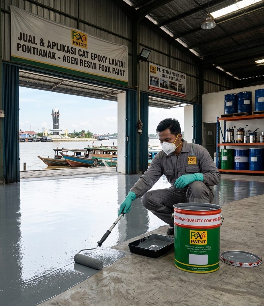 pekerja sedang mengaplikasikan cat epoxy foxapaint