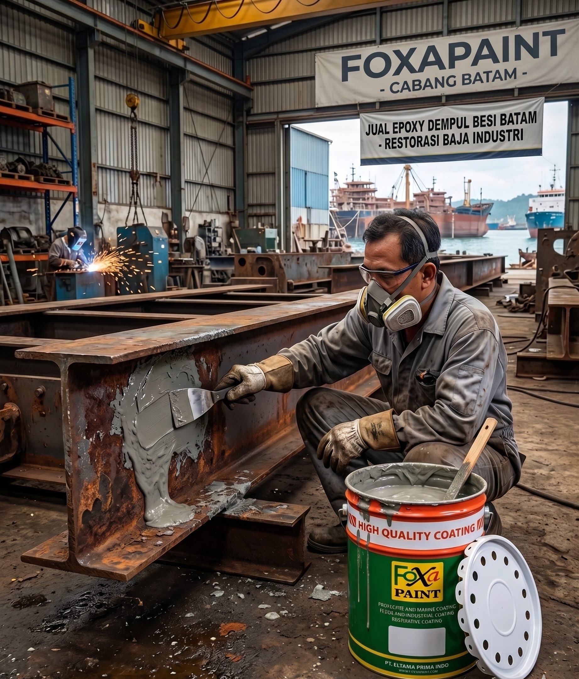 Seorang pekerja yang mengenakan respirator dan sarung tangan sedang mengoleskan dempul logam abu-abu pada balok baja I-beam yang berkarat di bengkel industri dengan pemandangan galangan kapal di kejauhan. Di lantai terdapat kaleng 'Foxa Paint' terbuka