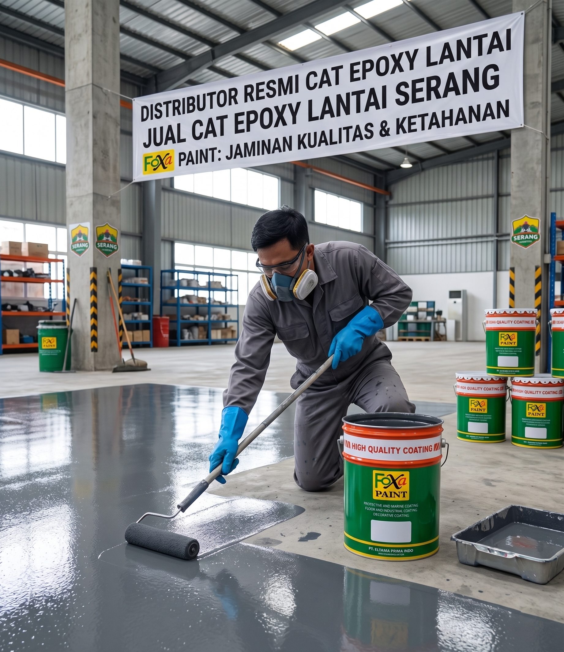Pekerja mengenakan perlengkapan pelindung mengaplikasikan cat lantai epoxy abu-abu mengkilap dengan roller.
