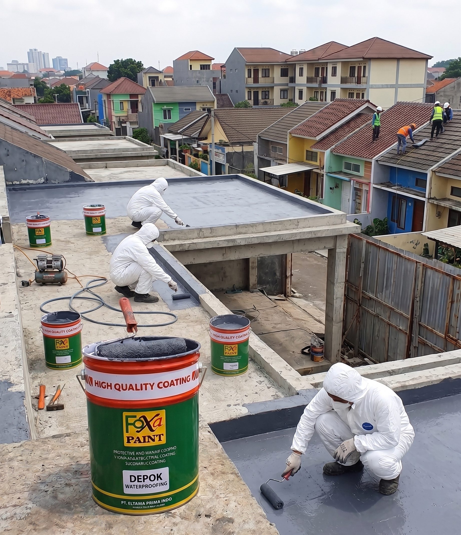 eberapa pekerja dengan pakaian pelindung putih (hazmat) sedang mengaplikasikan cat waterproofing abu-abu menggunakan kuas rol pada dak beton atap rumah di area perumahan Depok. Di bagian depan, terlihat jelas ember cat hijau-oranye merek "Foxa Paint" dengan kuas rol di atasnya.