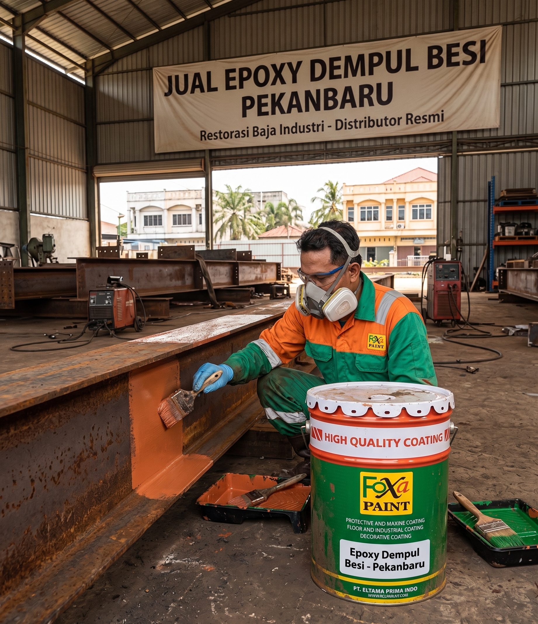 Seorang pekerja di gudang mengoleskan cat pada balok baja besar, dengan spanduk "Jual Epoxy Dempul Besi Pekanbaru" di latar belakang.