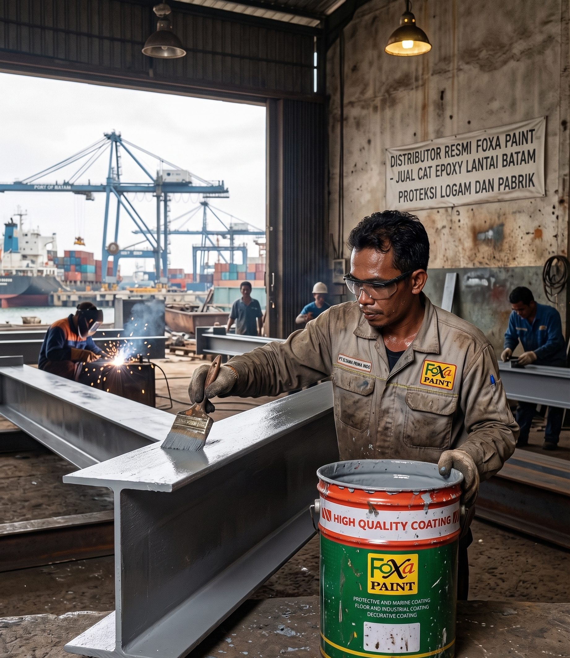 Pekerja dengan baju kerja penuh noda sedang mengecat balok besi baja menggunakan kuas di dalam workshop, dengan ember Foxa Paint di depannya dan latar belakang pelabuhan kontainer.
