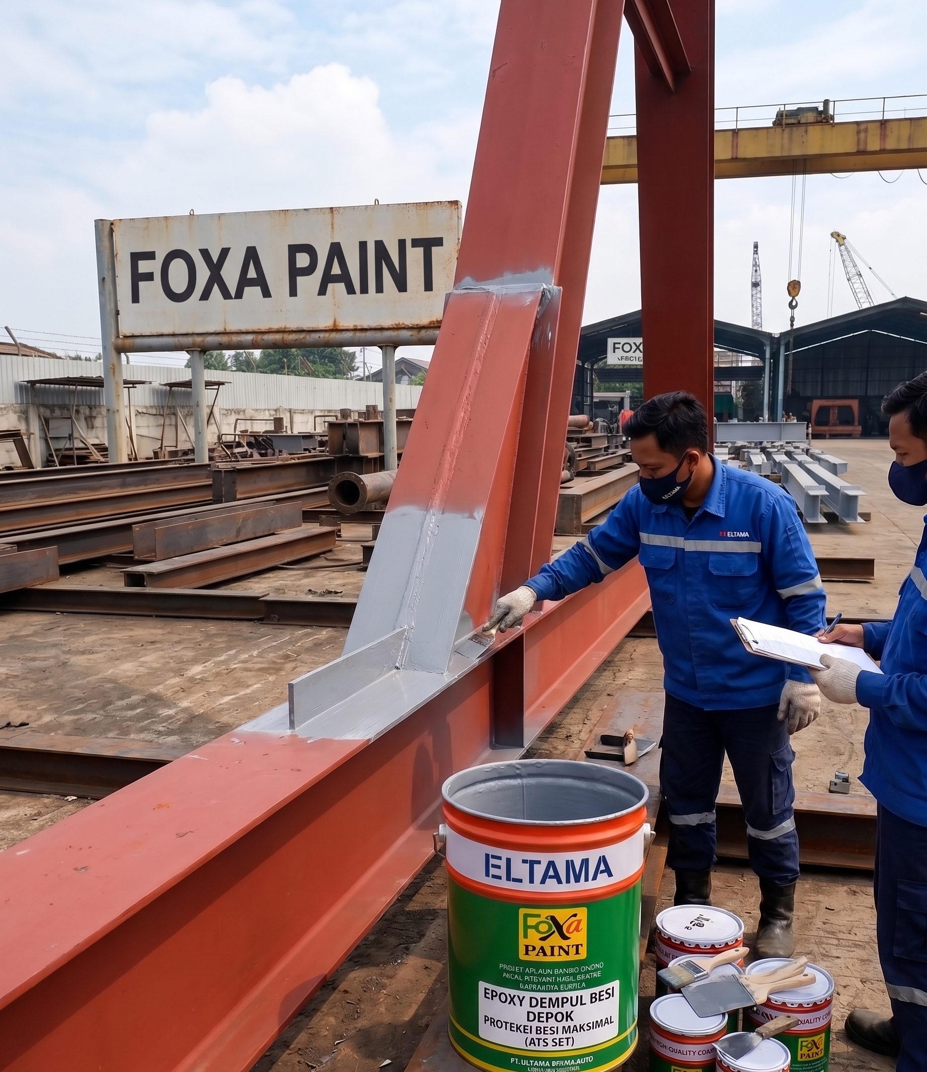 Dua pekerja dengan wearpack biru sedang memeriksa dan mengaplikasikan produk pelapis pada struktur balok besi WF merah di area workshop terbuka. Di bagian depan, terdapat ember cat besar merek "Foxa Paint" bertuliskan "ELTAMA - Epoxy Dempul Besi Depok" beserta beberapa kaleng kecil dan kapor kapi, dengan latar belakang plang besar bertuliskan "FOXA PAINT".
