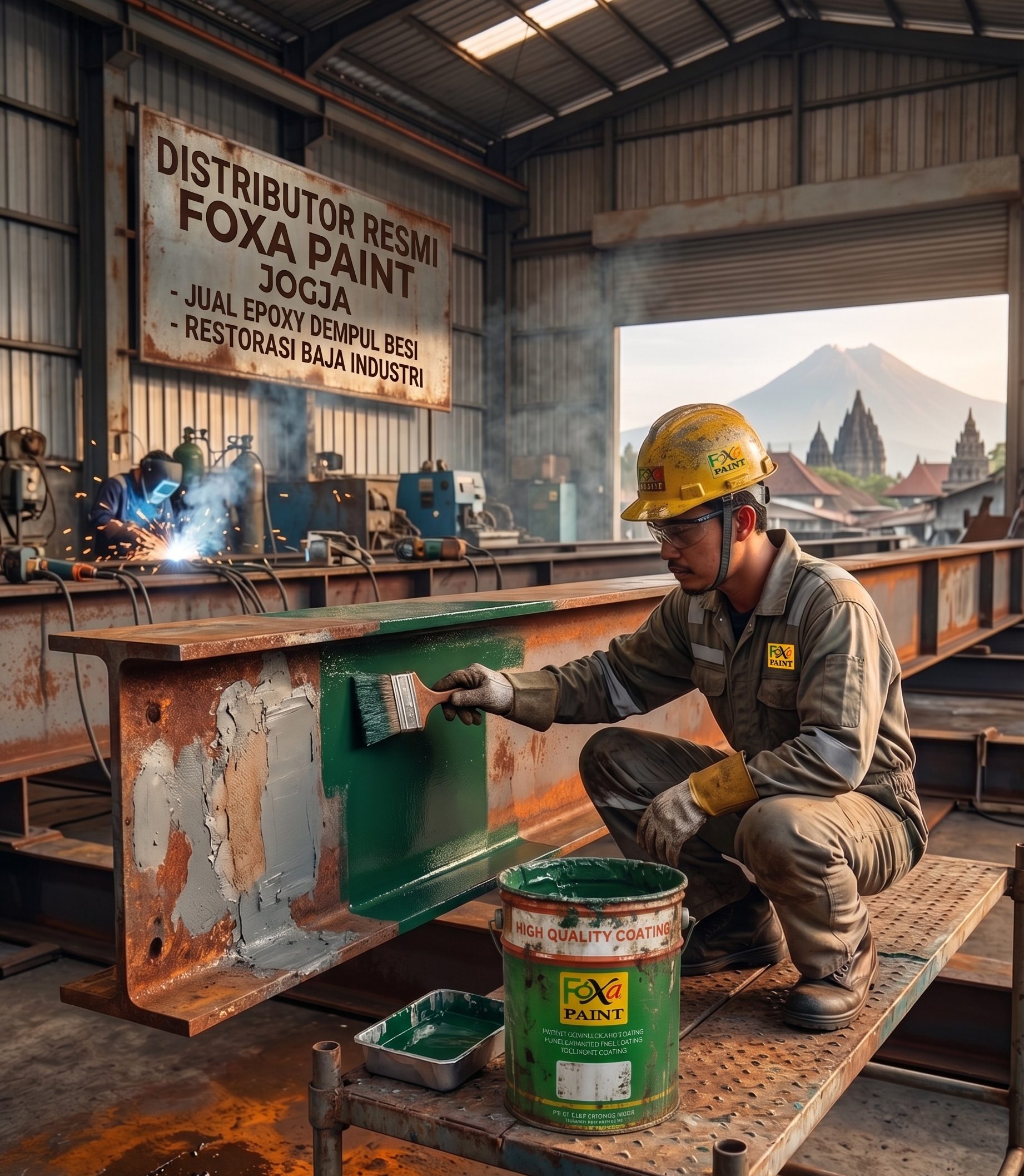 Worker paints a steel I-beam in a Yogyakarta industrial yard, with Merapi volcano and temple structures visible through an open doorway in the distance.
