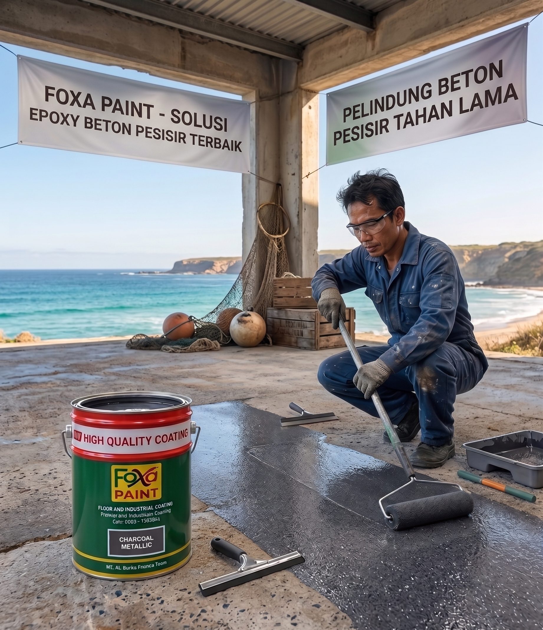 Seorang pekerja di pesisir pantai mengoleskan epoksi beton abu-abu mengkilap menggunakan rol, dengan spanduk Foxa Paint di atasnya.