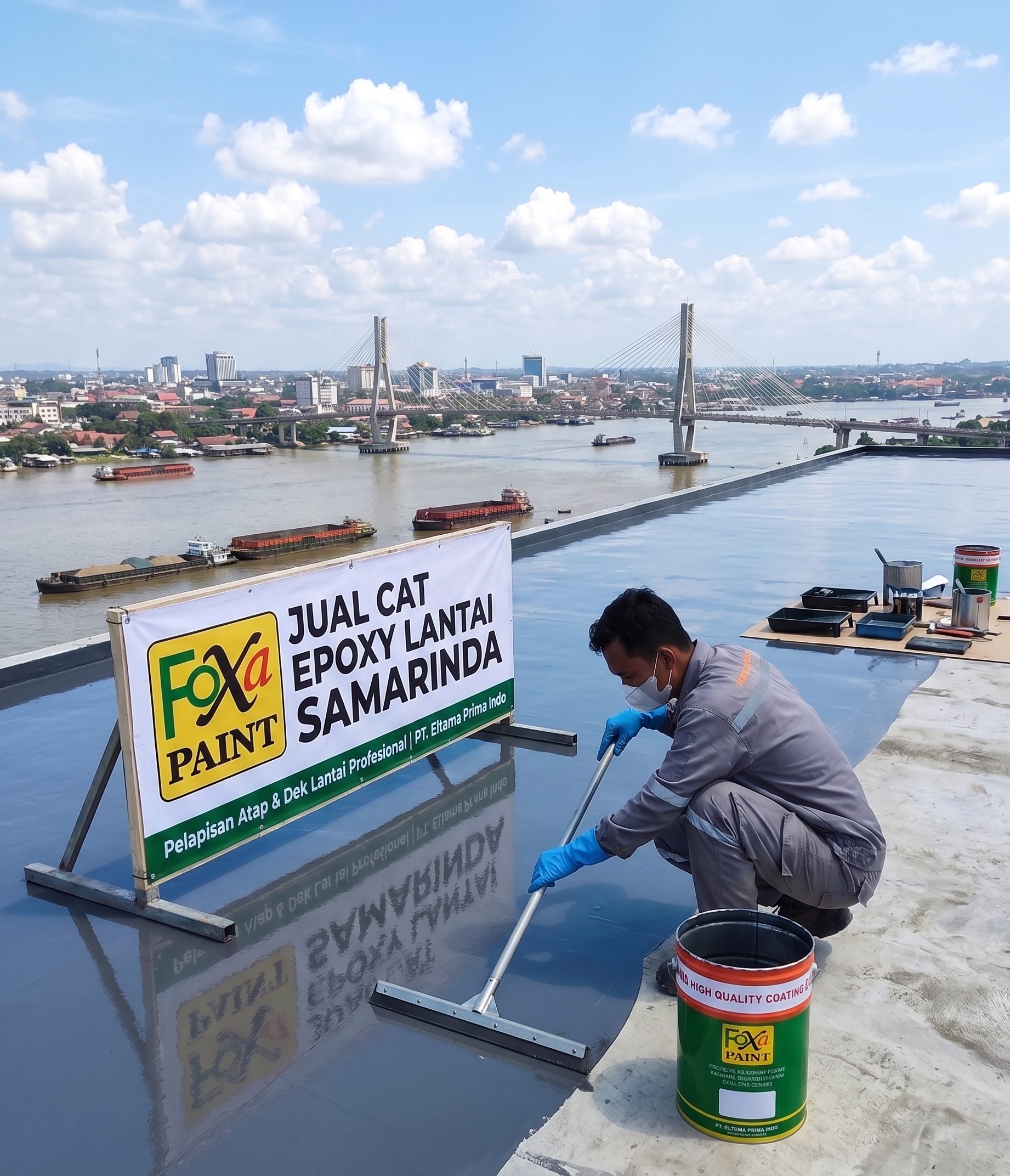 Pekerja mengaplikasikan cat lantai epoksi abu-abu di atap dengan tanda "JUAL CAT EPOXY LANTAI SAMARINDA" dari merek FoXa Paint. Latar belakang Sungai Mahakam dan Jembatan Mahakam.