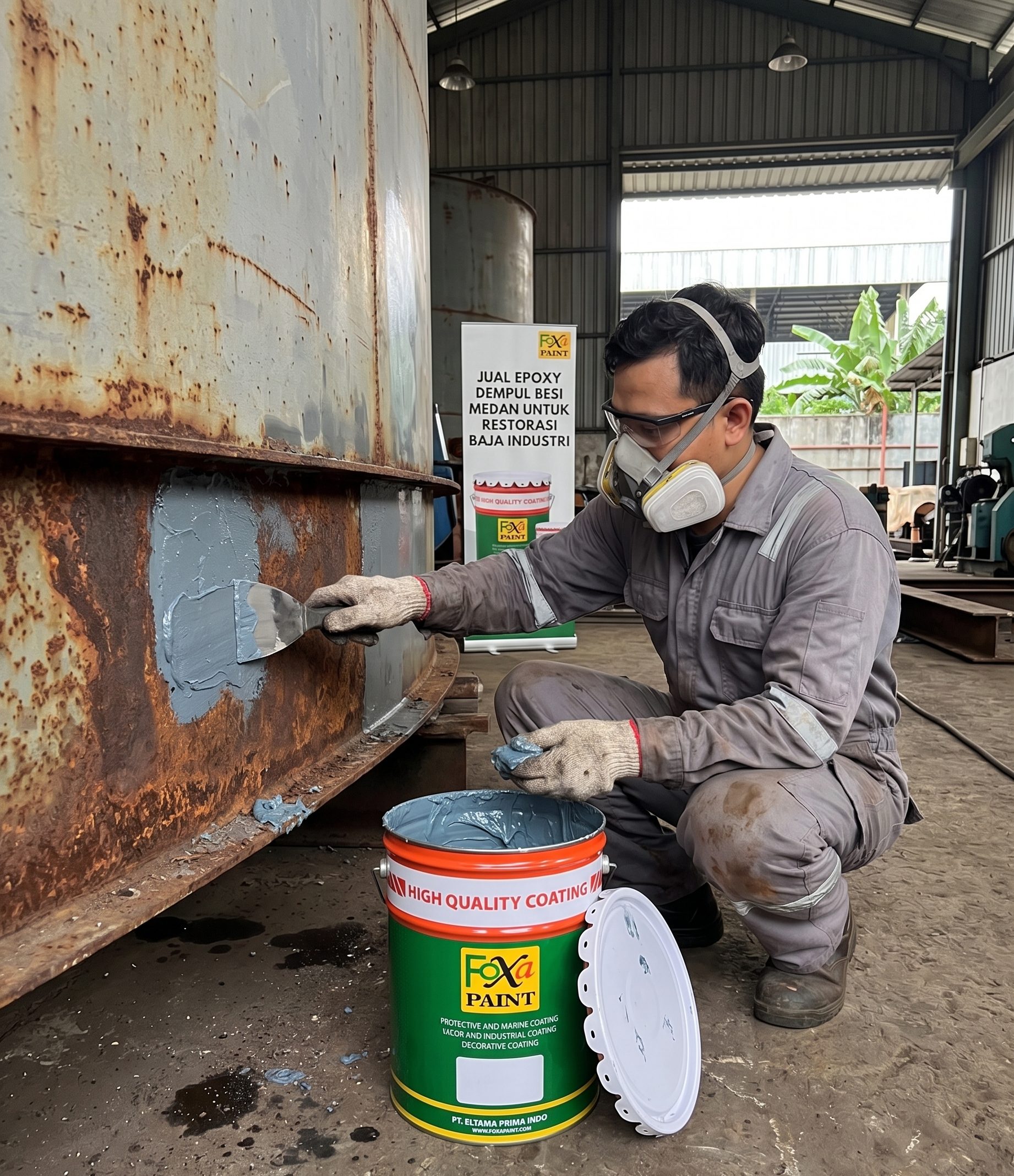 Pekerja mengenakan respirator sedang mengoleskan dempul besi Foxa PAINT ke bagian bawah tangki logam besar yang berkarat menggunakan kape di pabrik.