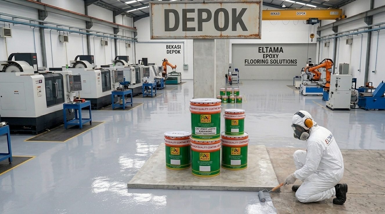 di dalam pabrik manufaktur modern berlantai abu-abu mengkilap yang sedang dicat menggunakan kuas rol oleh seorang pekerja berpakaian hazmat putih lengkap dengan respirator.