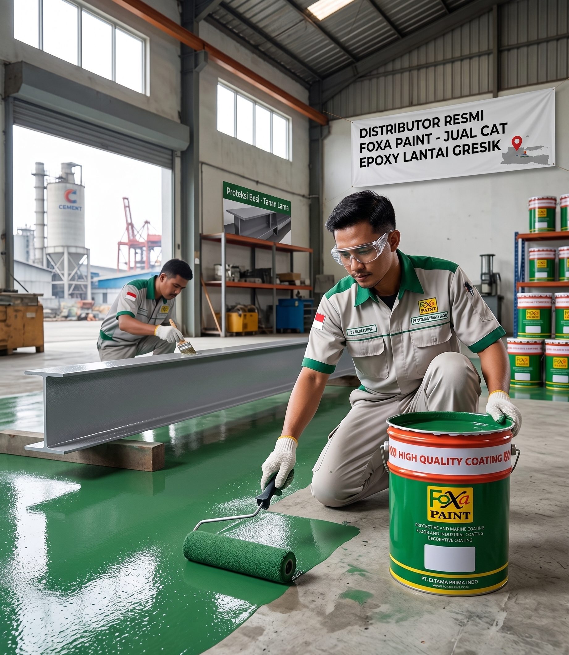 Pekerja menggunakan kuas rol sedang mengaplikasikan cat epoxy lantai hijau dari ember Foxa Paint, dengan latar belakang proses pengecatan proteksi besi I-beam di dalam workshop.