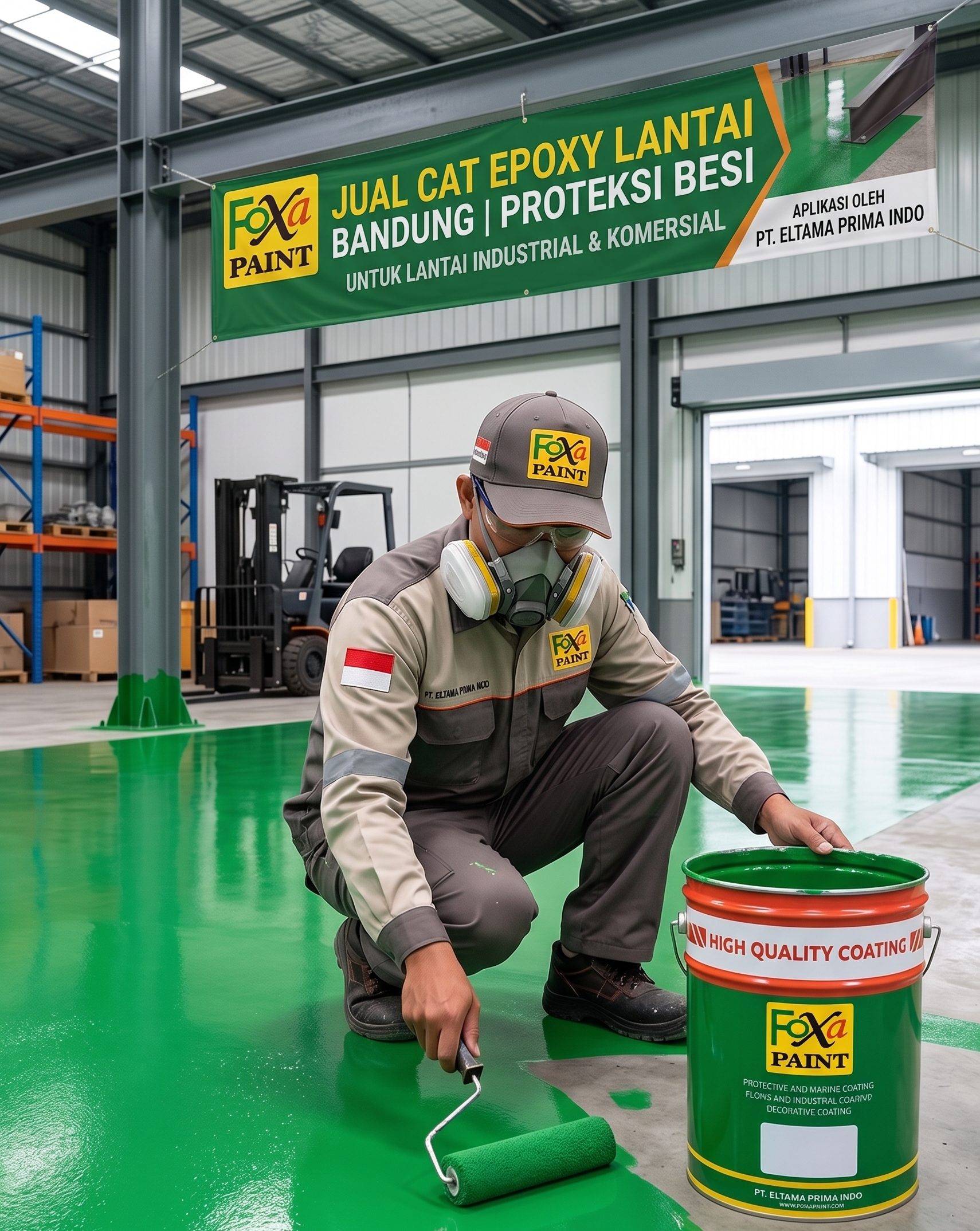 Seorang pekerja sedang mengaplikasikan cat epoxy lantai hijau di sebuah gudang, menggunakan ember cat Foxa Paint.