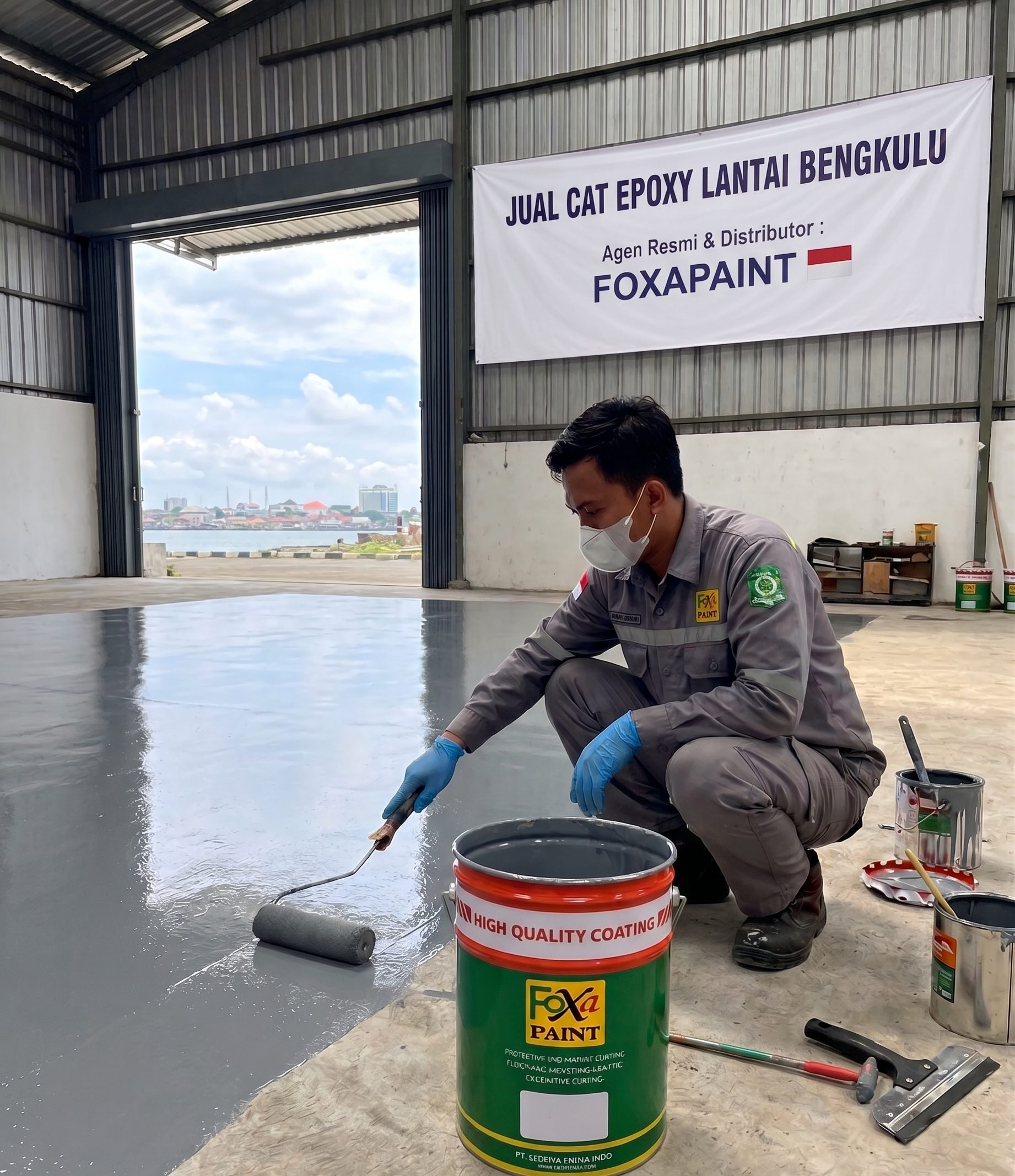Pekerja mengenakan masker dan sarung tangan mengaplikasikan cat lantai epoxy abu-abu menggunakan rol di dalam sebuah gudang.