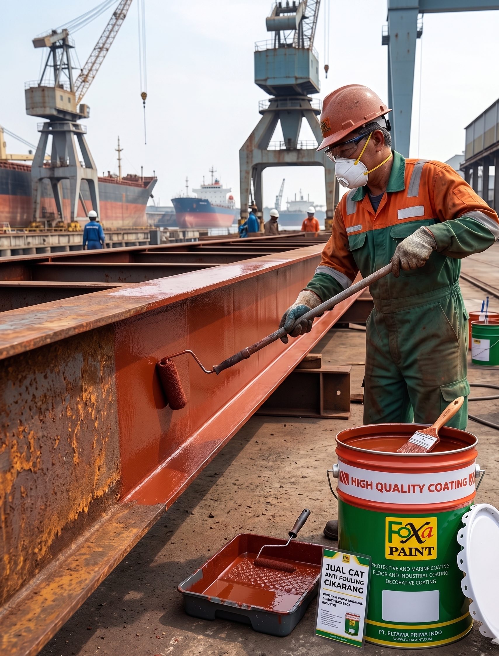 Seorang pekerja mengenakan masker pelindung dan helm keselamatan mengecat balok baja berkarat dengan cat anti-fouling merah menggunakan roller di galangan kapal. Sebuah kaleng cat terbuka dan nampan rol berada di dekatnya.