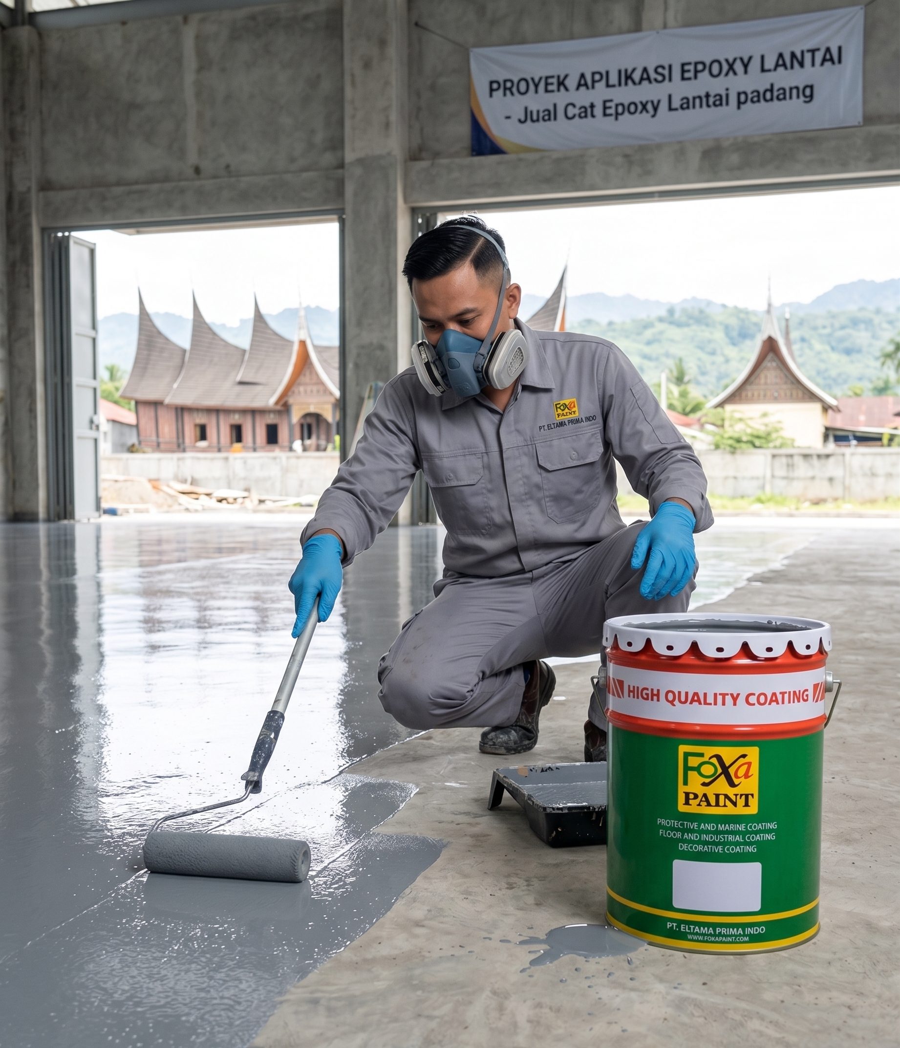 Pekerja berjongkok mengaplikasikan cat epoxy abu-abu dengan rol ke lantai, dengan ember cat Foxa Paint di dekatnya dan latar belakang Rumah Gadang.