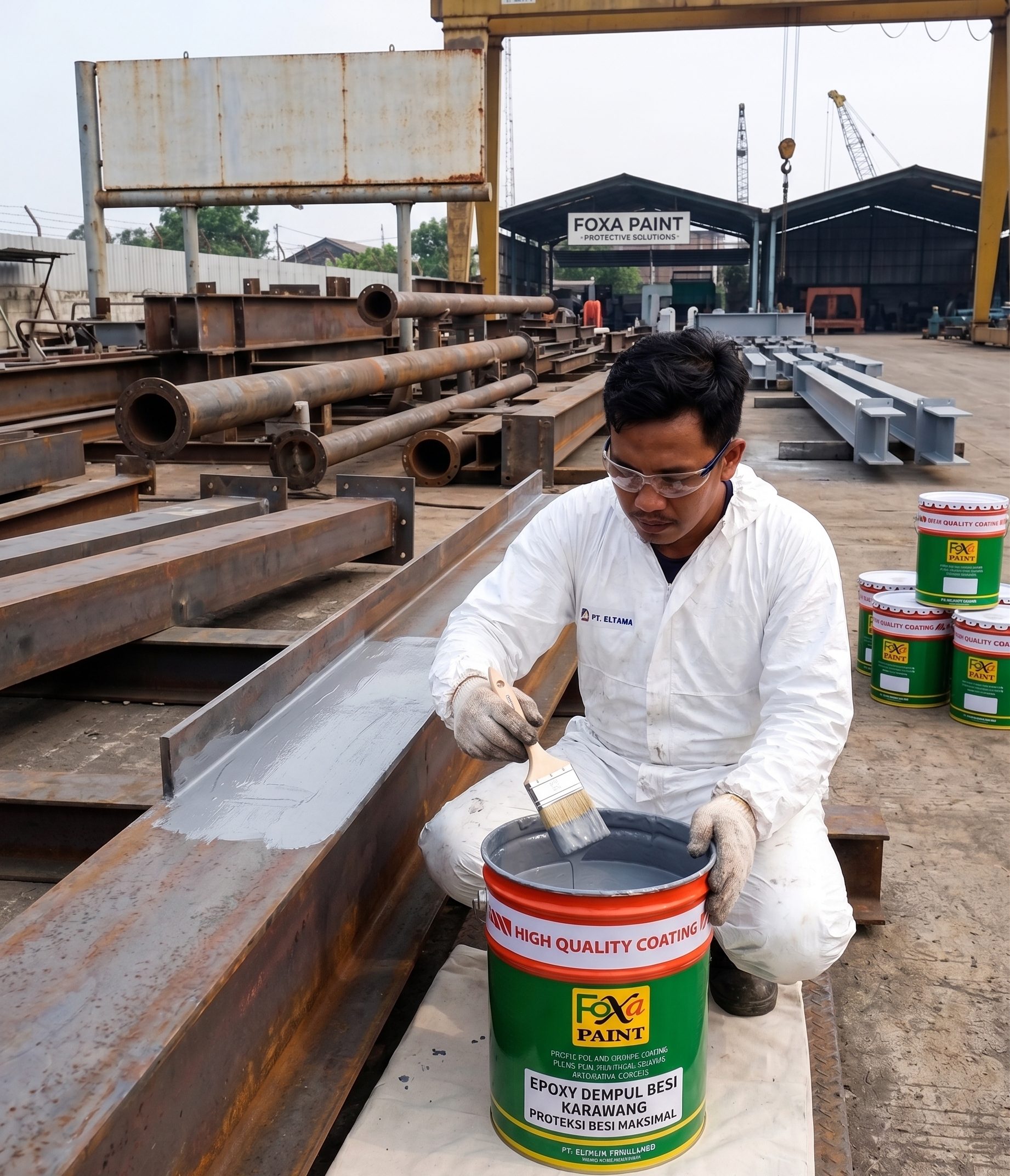 Seorang pekerja berpakaian pelindung putih (wearpack) dan kacamata safety sedang mengaplikasikan cairan epoxy dempul besi abu-abu menggunakan kuas pada balok besi WF (I-Beam). Di bagian depan, tampak jelas ember cat hijau-oranye merek "Foxa Paint" bertuliskan "Epoxy Dempul Besi Karawang", berlatar belakang area workshop pabrik atau bengkel bubut besi luar ruangan.