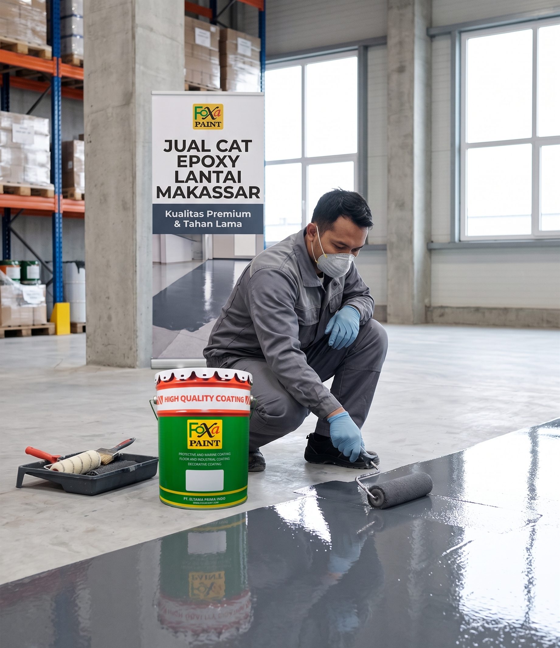 Pekerja berjongkok mengecat lantai gudang dengan roller dan cat epoksi abu-abu mengkilap. Di dekatnya ada kaleng cat 'Foxa PAINT' dan spanduk iklan bertuliskan: 'JUAL CAT EPOXY LANTAI MAKASSAR, Kualitas Premium & Tahan Lama'.