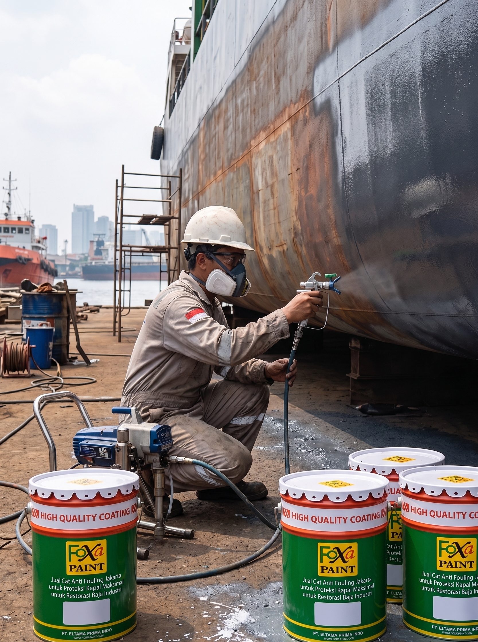 Pekerja bermasker mengecat lambung kapal besar berkarat dengan penyemprot cat di galangan kapal, dengan kaleng cat terlihat di latar depan.