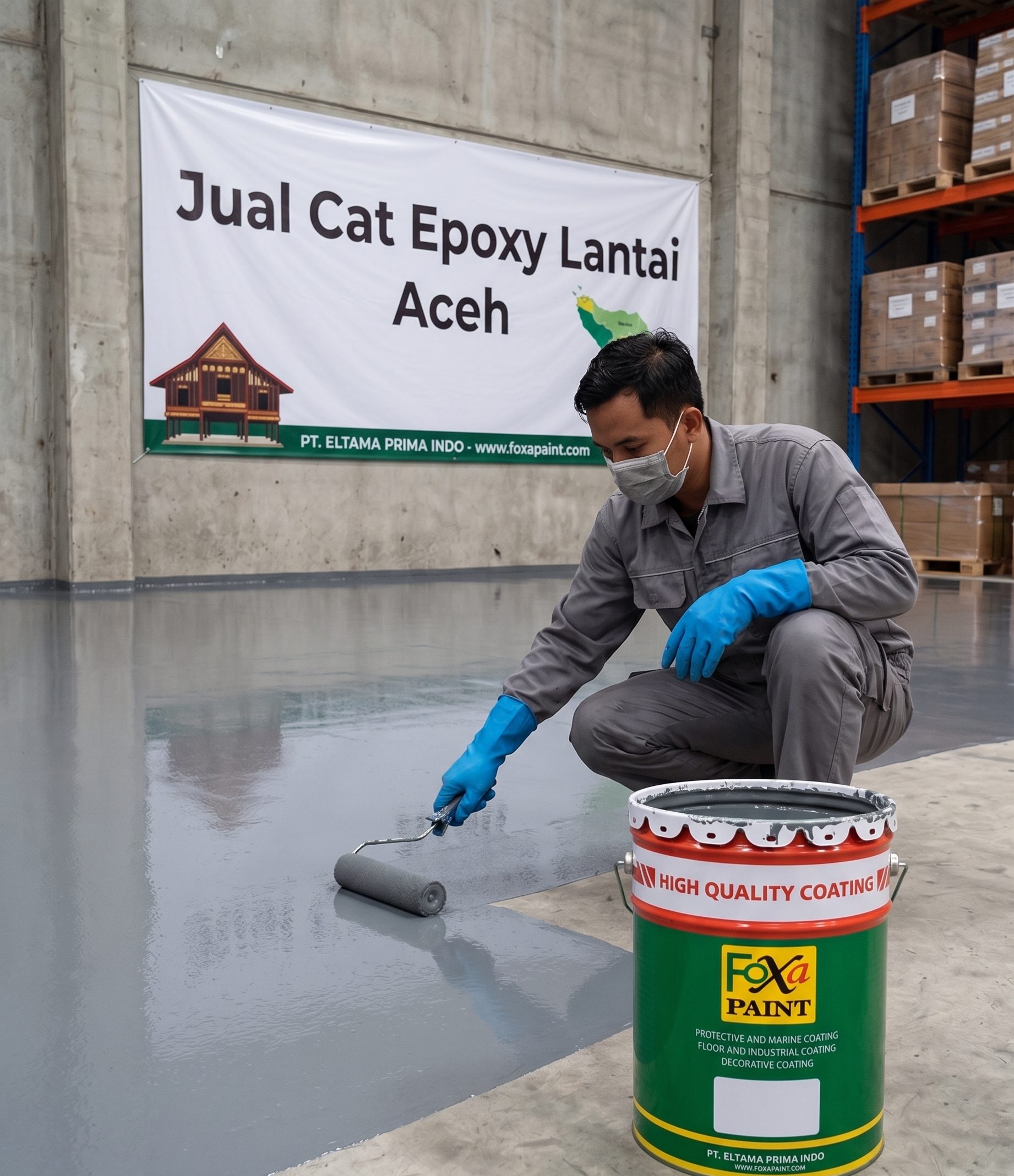 Pekerja berjongkok mengecat lantai gudang dengan cat epoksi abu-abu, di depan spanduk "Jual Cat Epoxy Lantai Aceh" dan kaleng cat Foxa Paint.